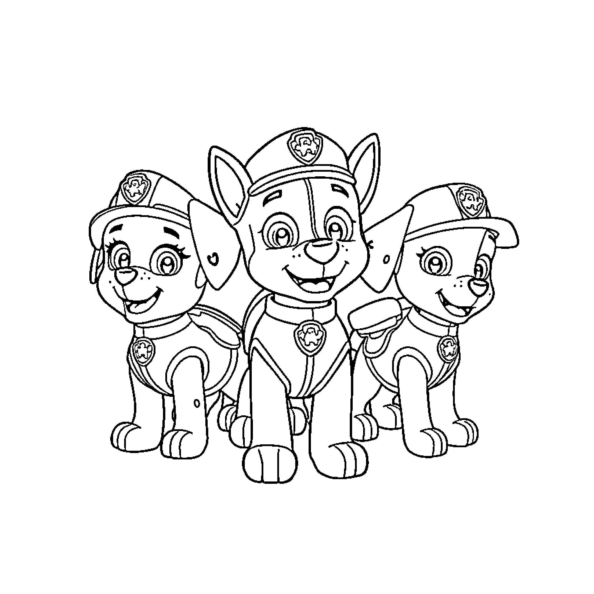 Paw Patrol pups in their uniforms Coloring Page (free black-and-white line drawing printable PDF for all, from beginners to advanced learners, including children, teens, adults, and seniors)