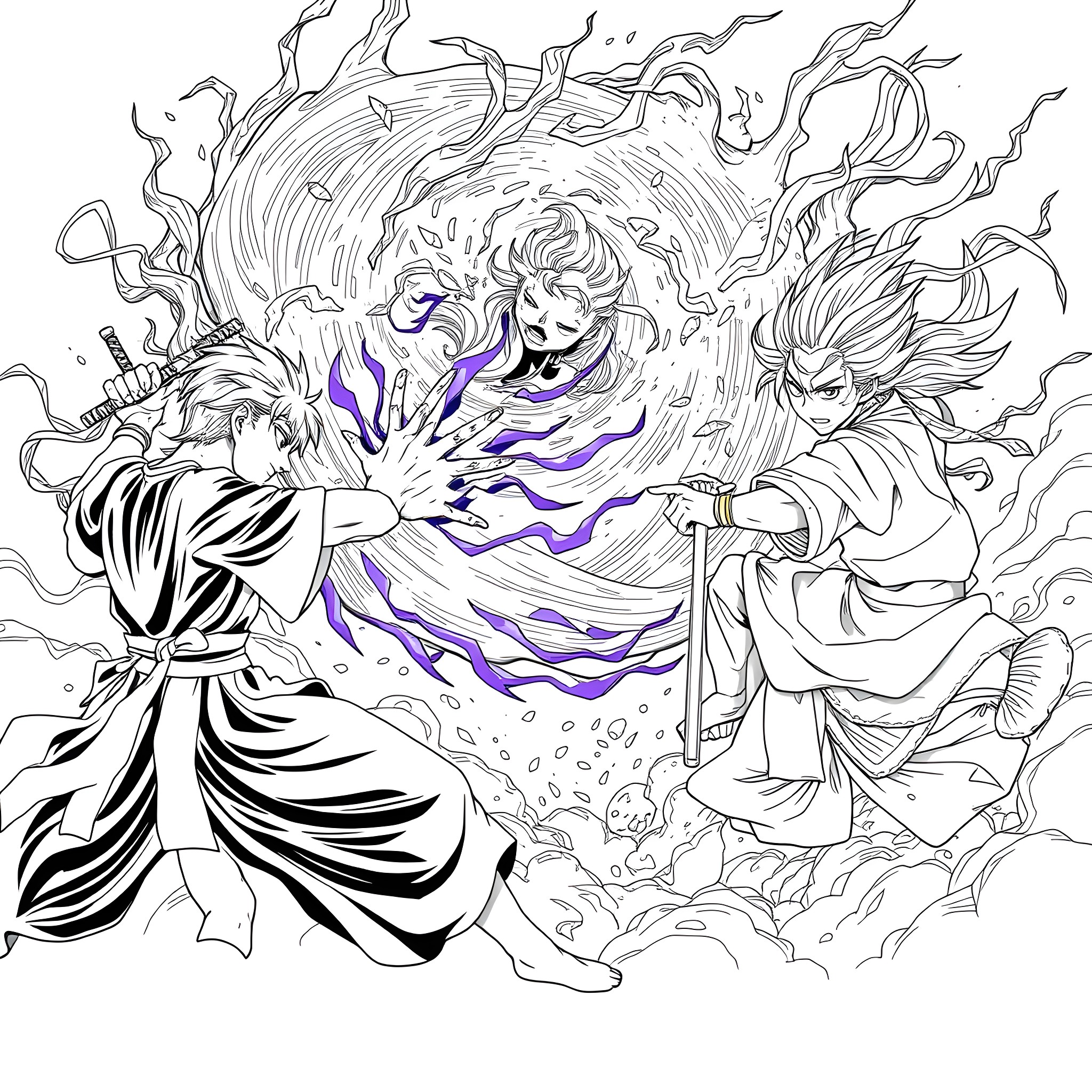 Gojo's Cursed Technique Showcase Coloring Page (free black-and-white line drawing printable PDF for all, from beginners to advanced learners, including children, teens, adults, and seniors)