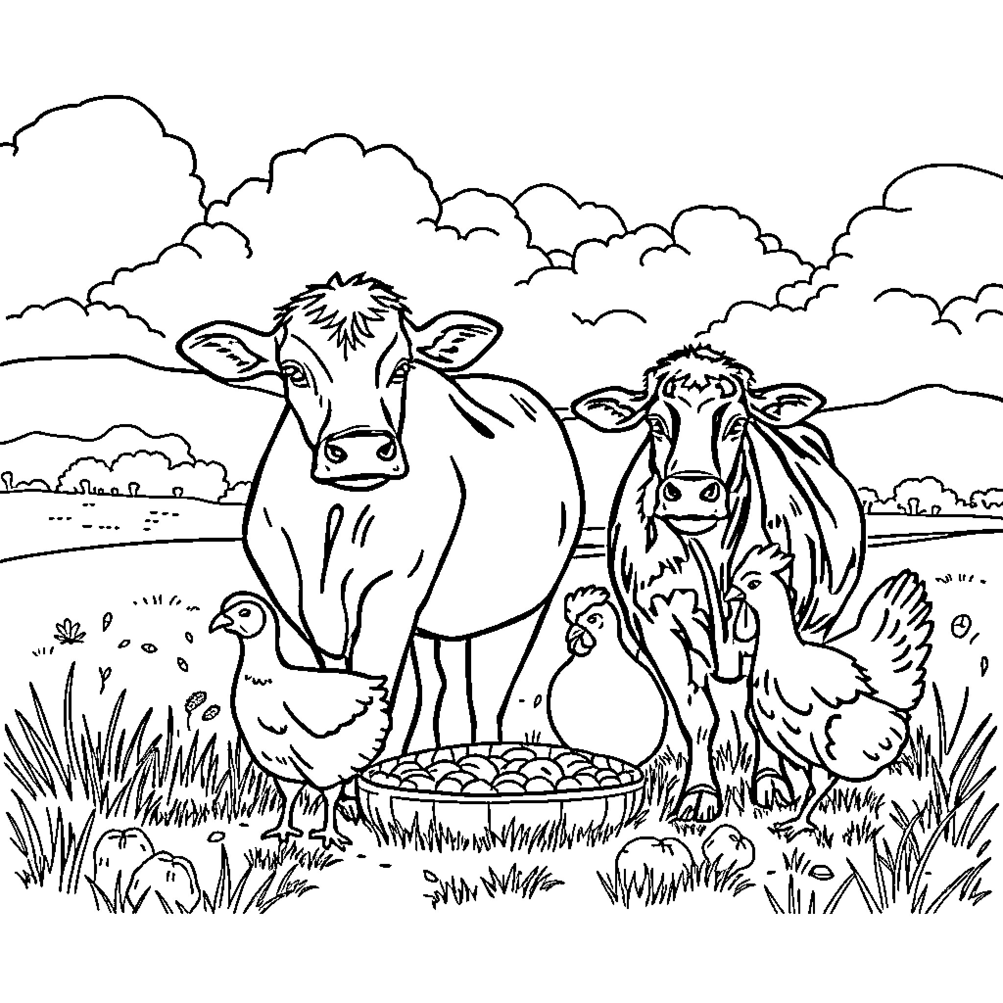Farm Animals Enjoying a Peaceful Pasture Scene Coloring Page (free black-and-white line drawing printable PDF for all, from beginners to advanced learners, including children, teens, adults, and seniors)