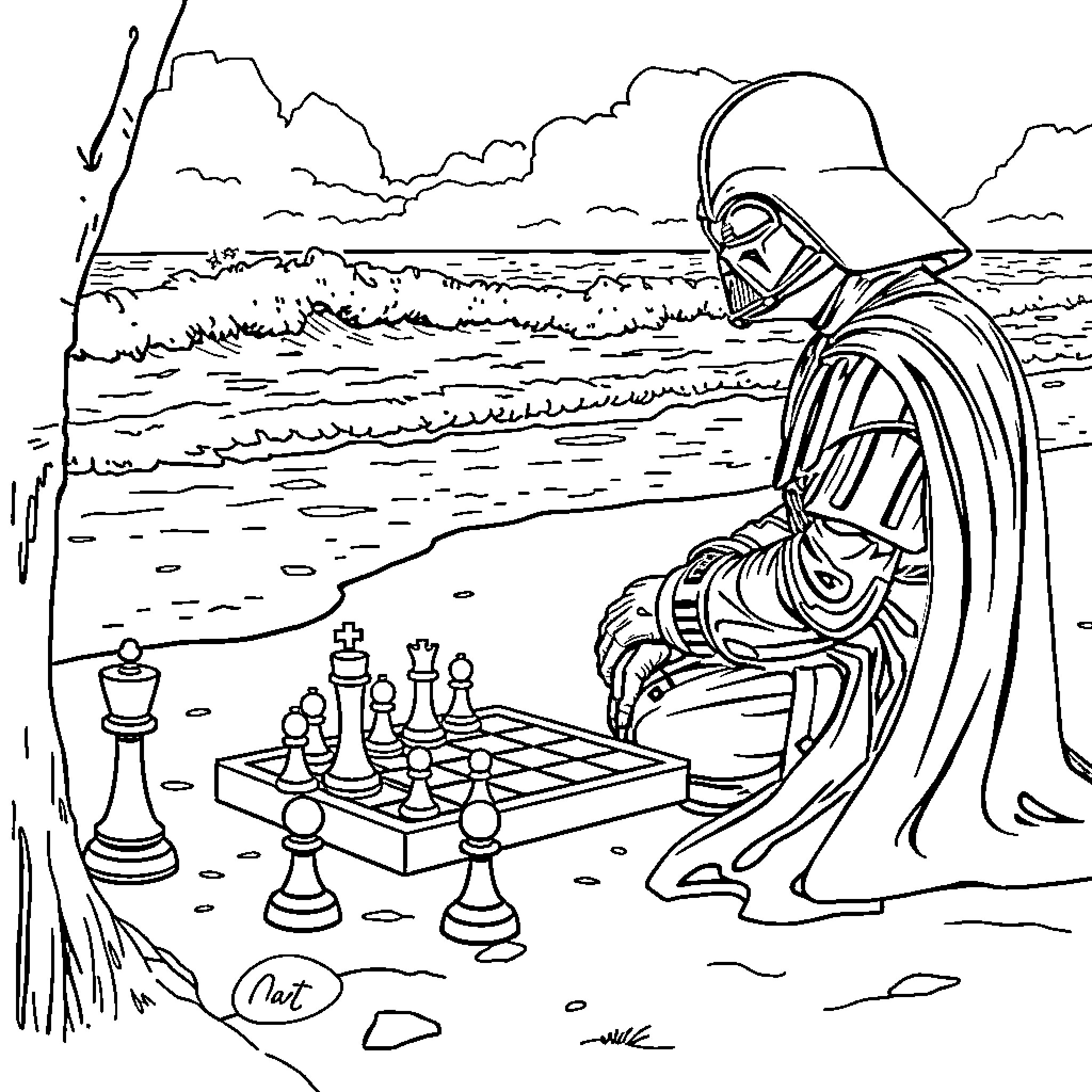 Darth Vader contemplating his next move on the chessboard Coloring Page (free black-and-white line drawing printable PDF for all, from beginners to advanced learners, including children, teens, adults, and seniors)