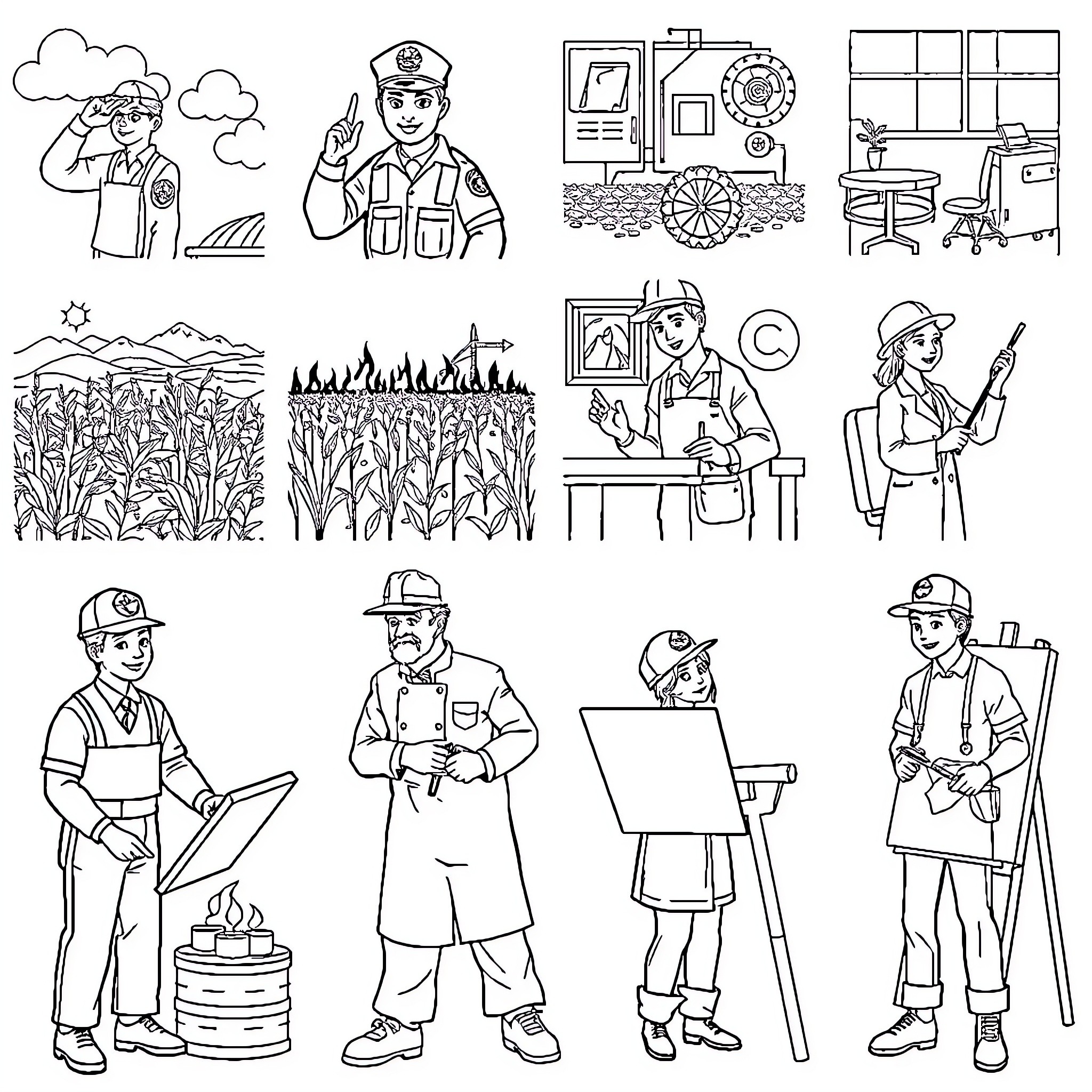 Person engaging in various occupations and activities Coloring Page (free black-and-white line drawing printable PDF for all, from beginners to advanced learners, including children, teens, adults, and seniors)