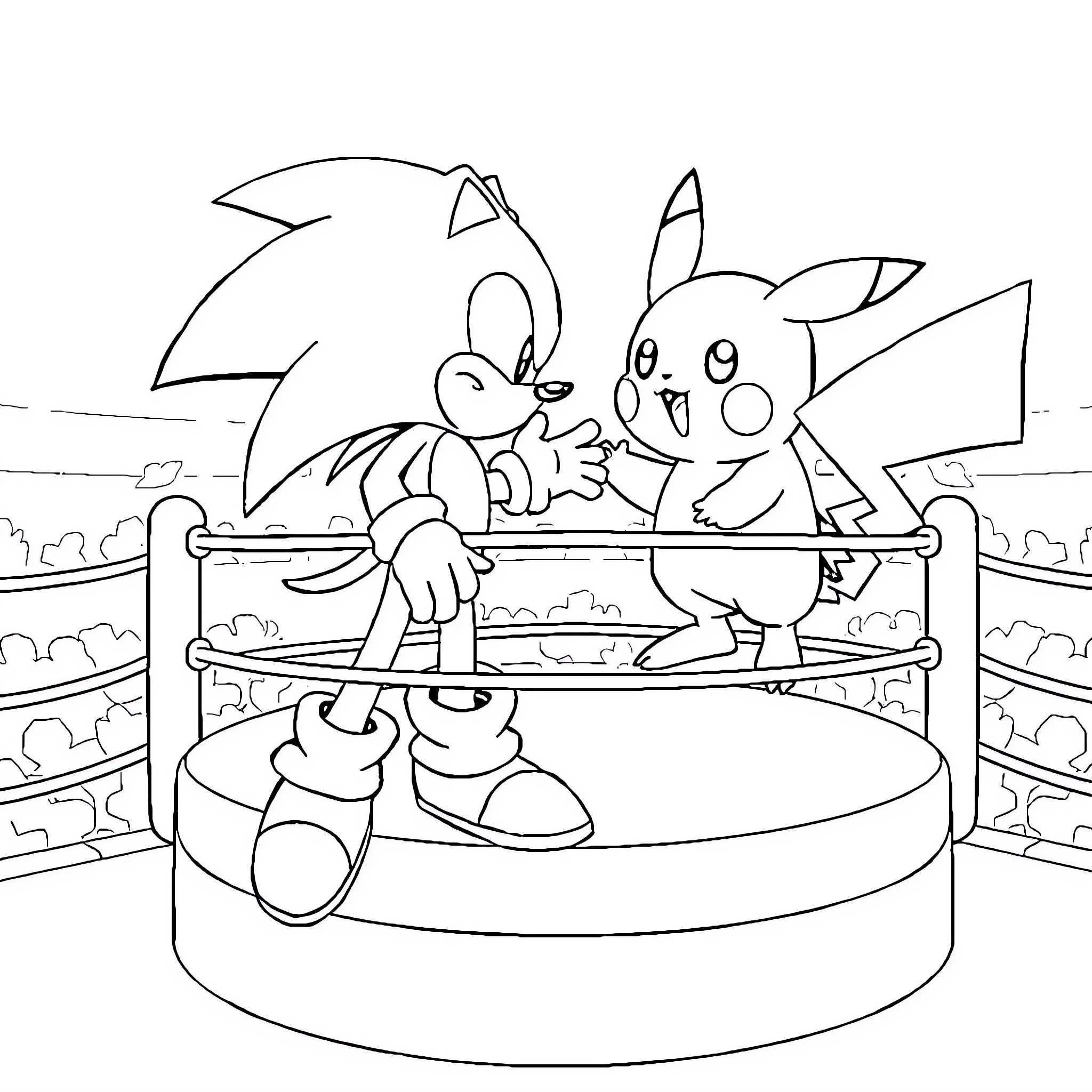 Sonic characters in a playful wrestling match Coloring Page (free black-and-white line drawing printable PDF for all, from beginners to advanced learners, including children, teens, adults, and seniors)
