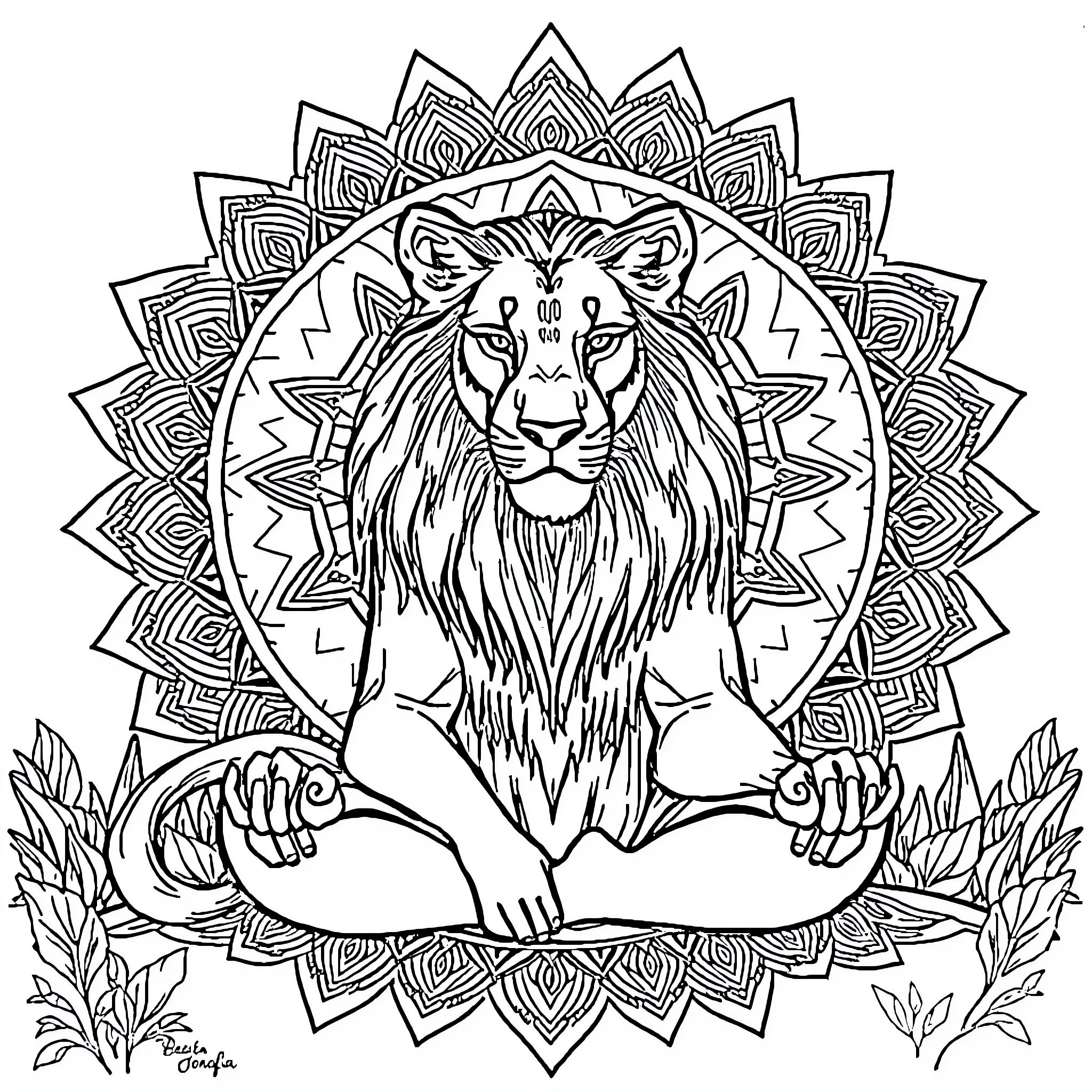 Wolf meditating in ornate mandala frame Coloring Page (free black-and-white line drawing printable PDF for all, from beginners to advanced learners, including children, teens, adults, and seniors)
