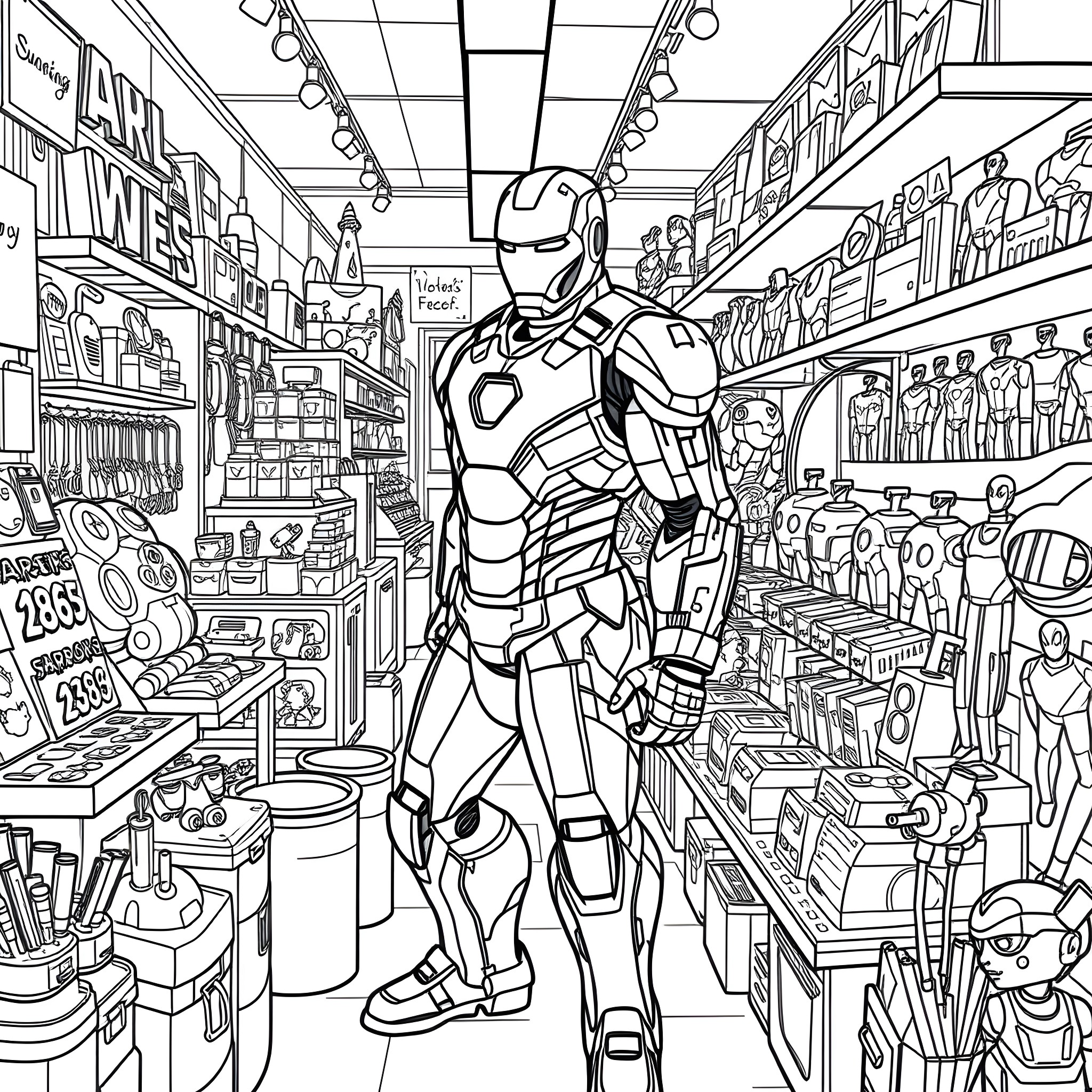 Iron Man exploring a detailed supermarket scene Coloring Page (free black-and-white line drawing printable PDF for all, from beginners to advanced learners, including children, teens, adults, and seniors)