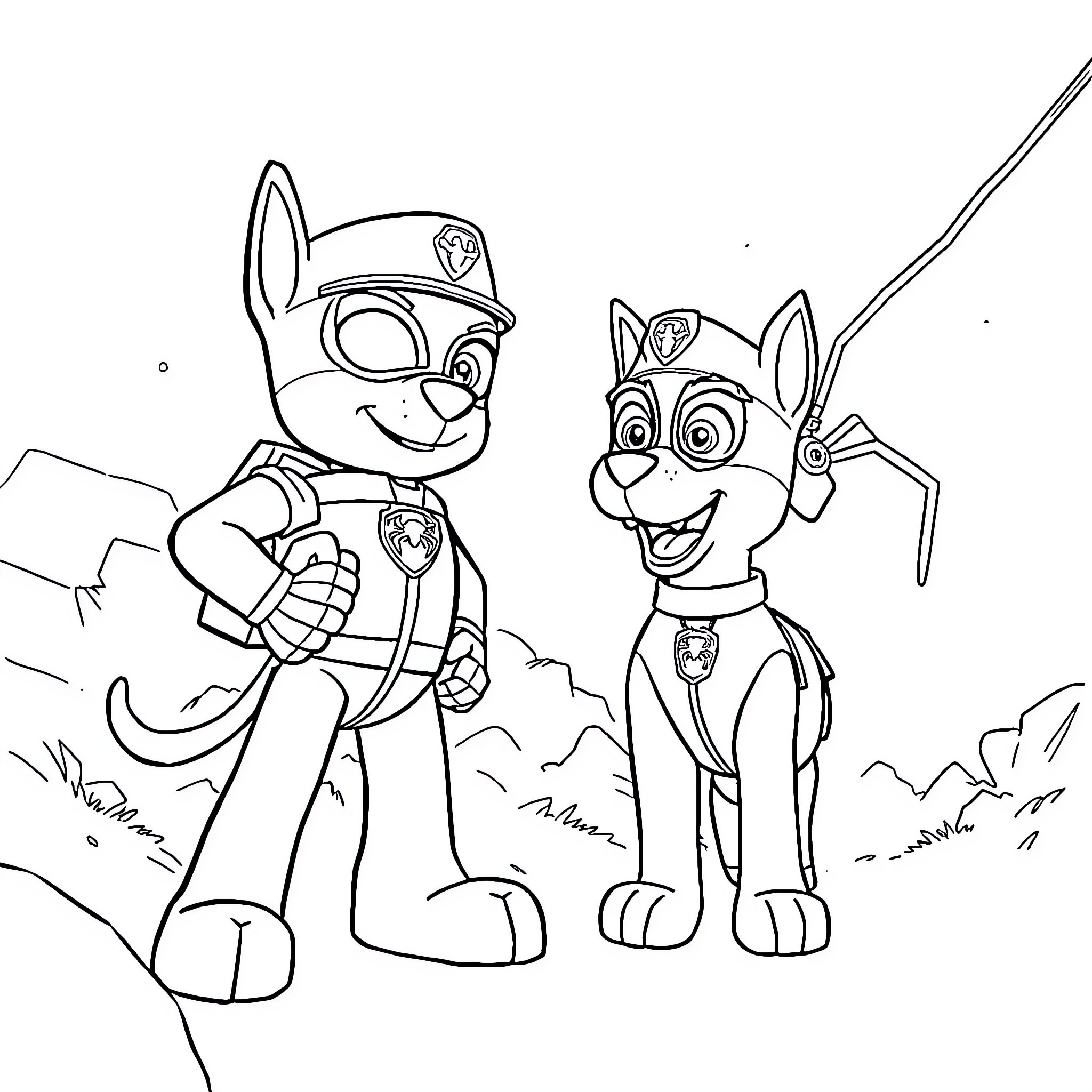 Pat and Pup on a Mission in the Great Outdoors Coloring Page (free black-and-white line drawing printable PDF for all, from beginners to advanced learners, including children, teens, adults, and seniors)