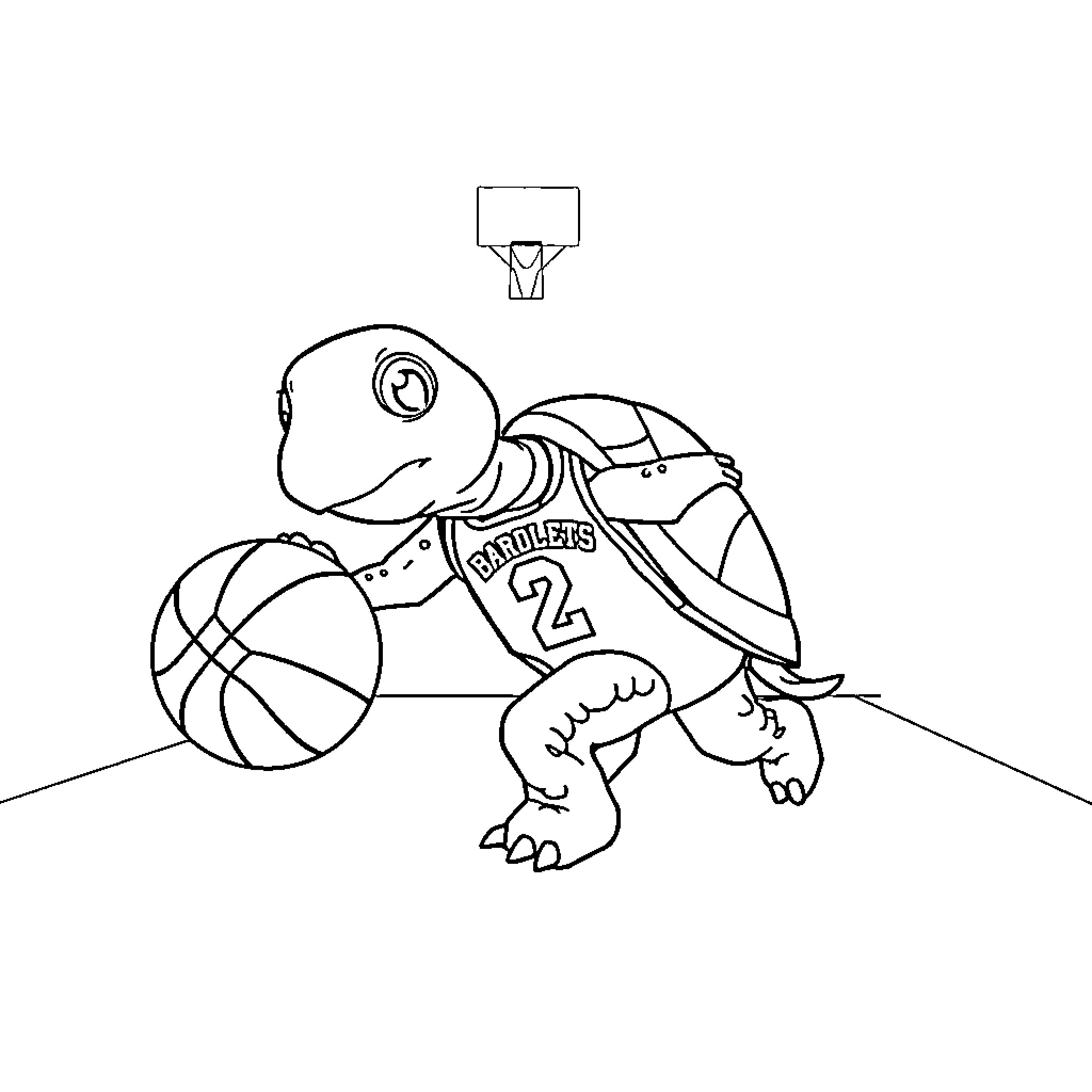 Turtle playing basketball in sports jersey Coloring Page (free black-and-white line drawing printable PDF for all, from beginners to advanced learners, including children, teens, adults, and seniors)