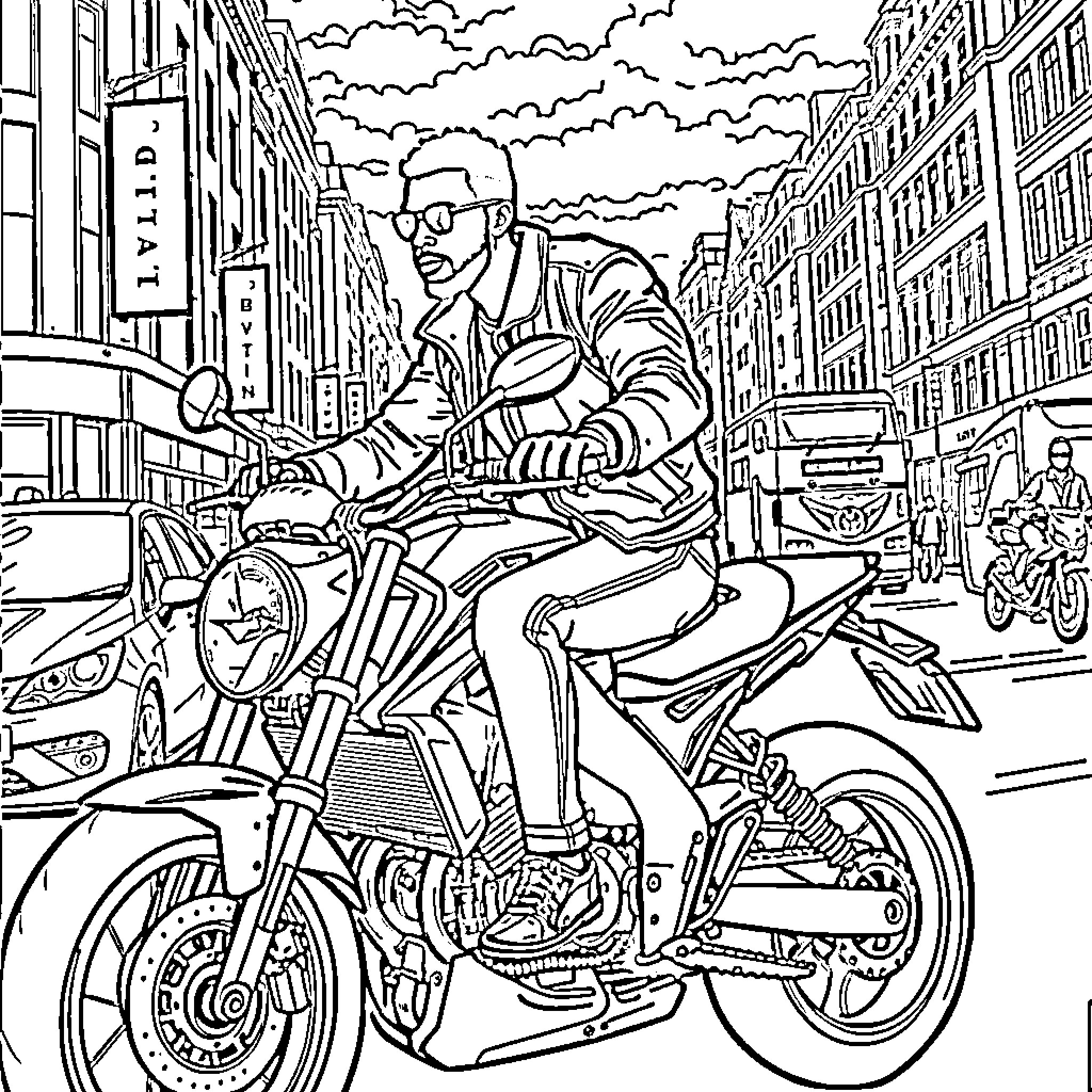 Man riding motorcycle through bustling city streets Coloring Page (free black-and-white line drawing printable PDF for all, from beginners to advanced learners, including children, teens, adults, and seniors)
