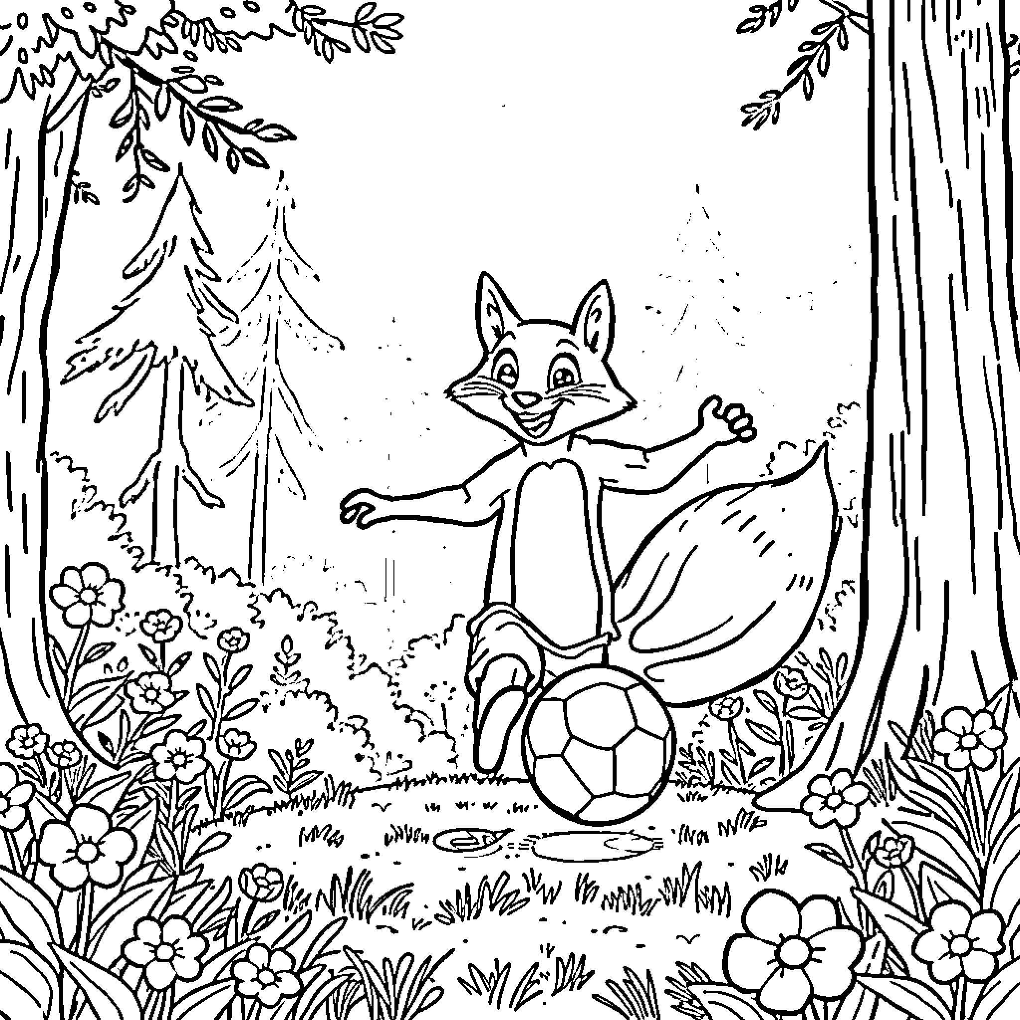 Fox playing cheerfully with a ball in the forest Coloring Page (free black-and-white line drawing printable PDF for all, from beginners to advanced learners, including children, teens, adults, and seniors)