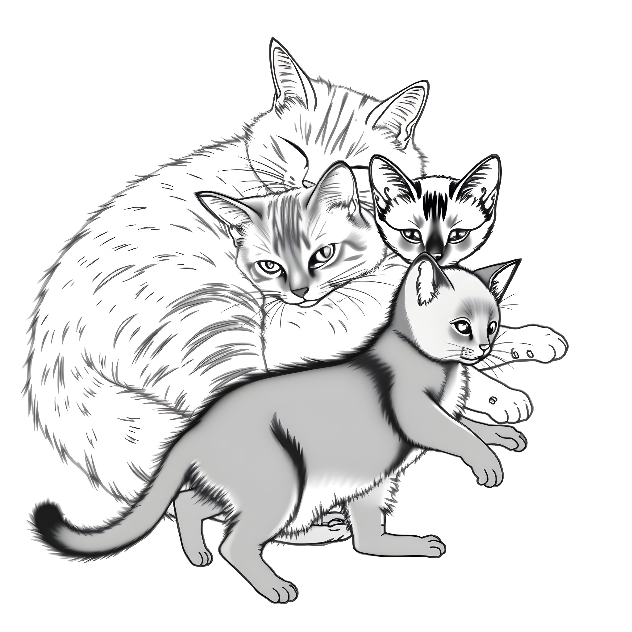 Cat Family: Mother and Kittens Cuddling Coloring Page (free black-and-white line drawing printable PDF for all, from beginners to advanced learners, including children, teens, adults, and seniors)