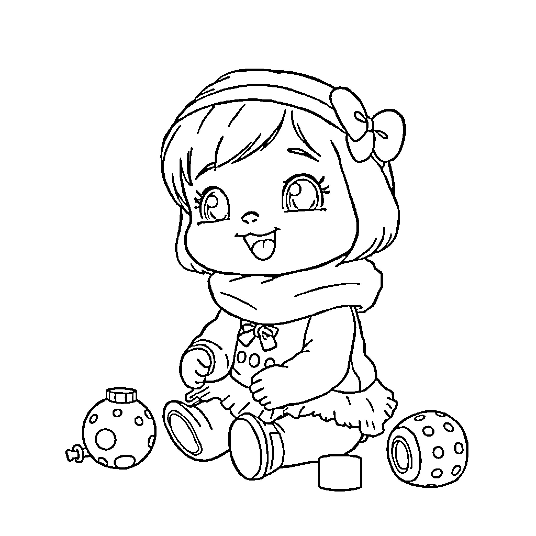 Doll playing with toys happily Coloring Page (free black-and-white line drawing printable PDF for all, from beginners to advanced learners, including children, teens, adults, and seniors)