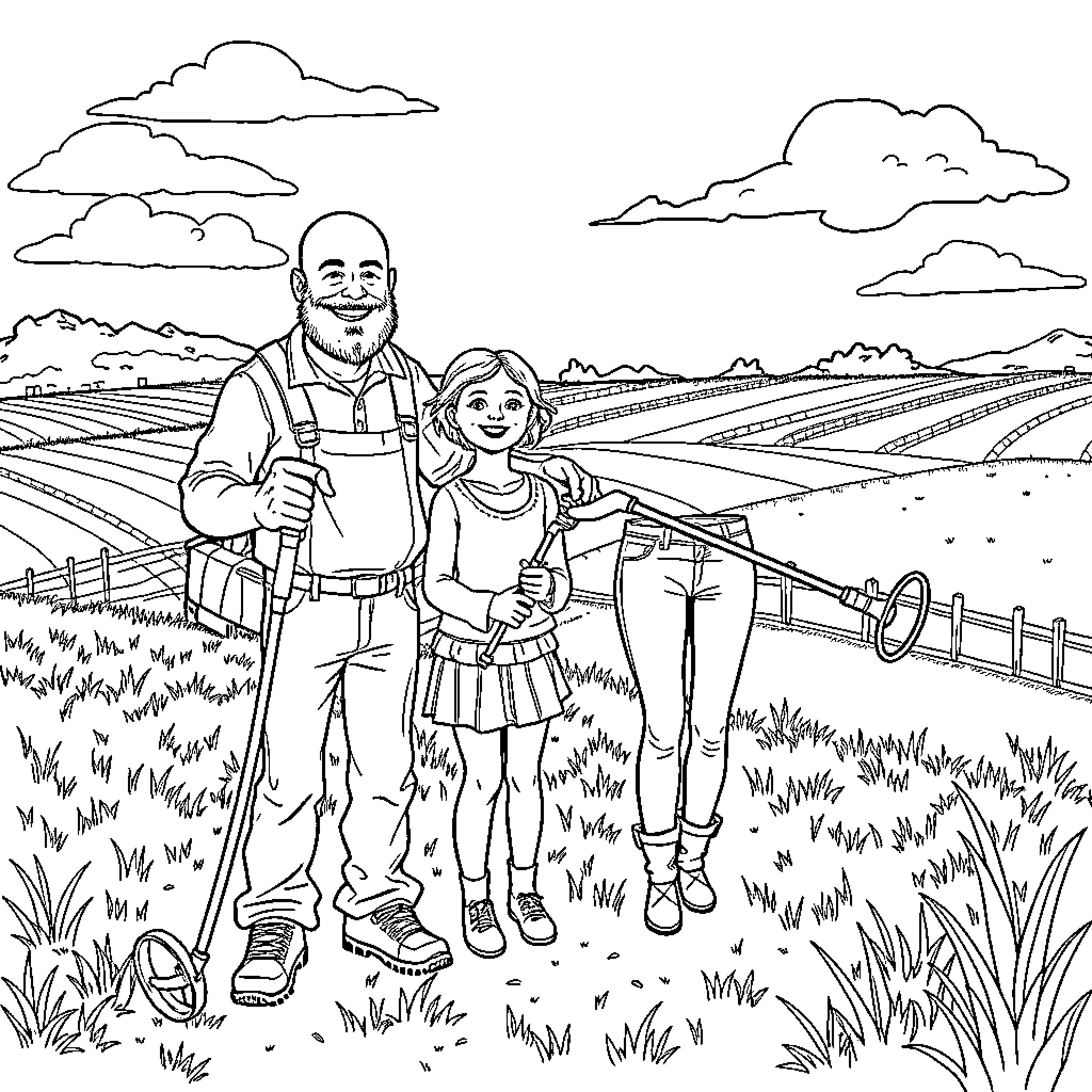 Family exploring the countryside together Coloring Page (free black-and-white line drawing printable PDF for all, from beginners to advanced learners, including children, teens, adults, and seniors)