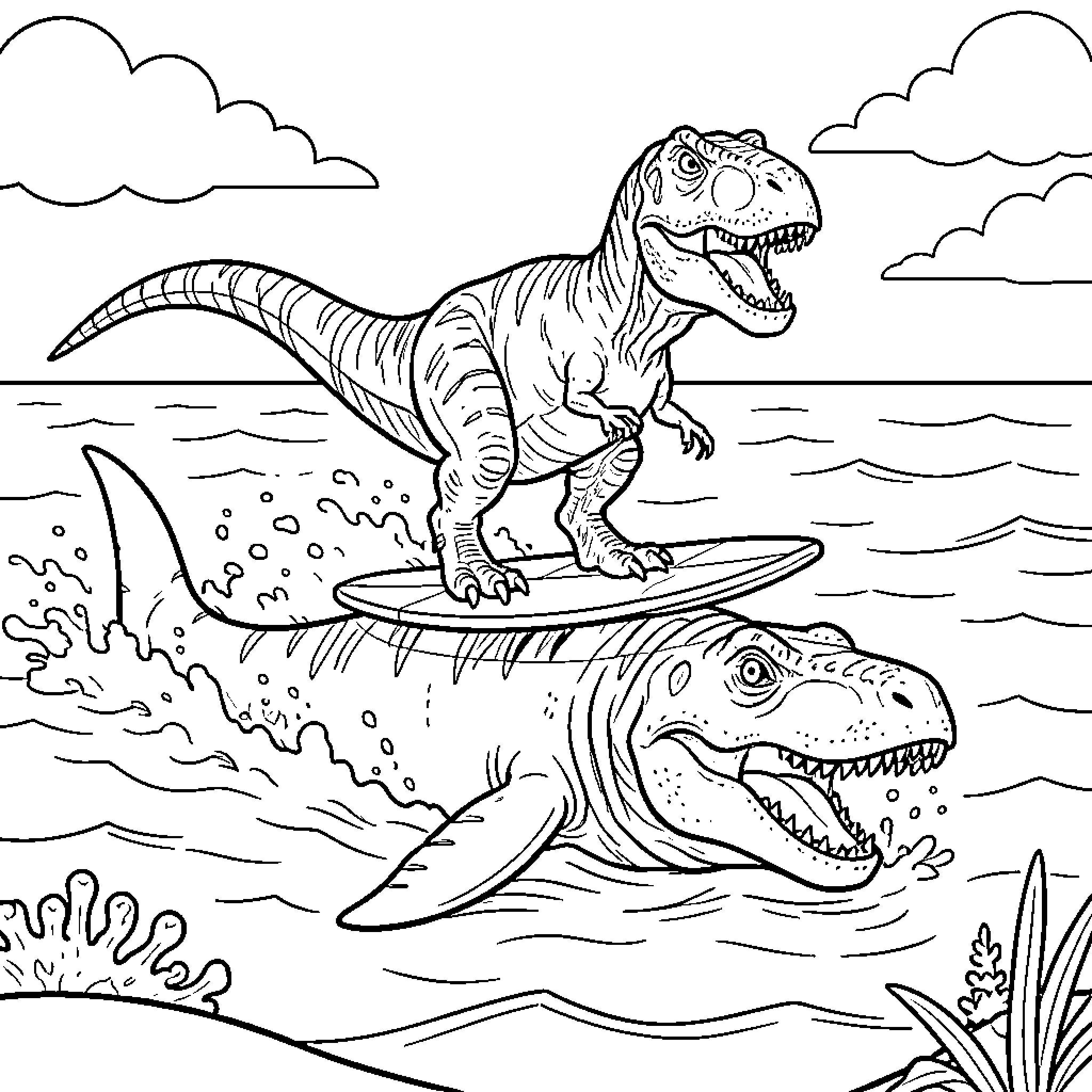 T-Rex surfing on the back of a shark Coloring Page (free black-and-white line drawing printable PDF for all, from beginners to advanced learners, including children, teens, adults, and seniors)