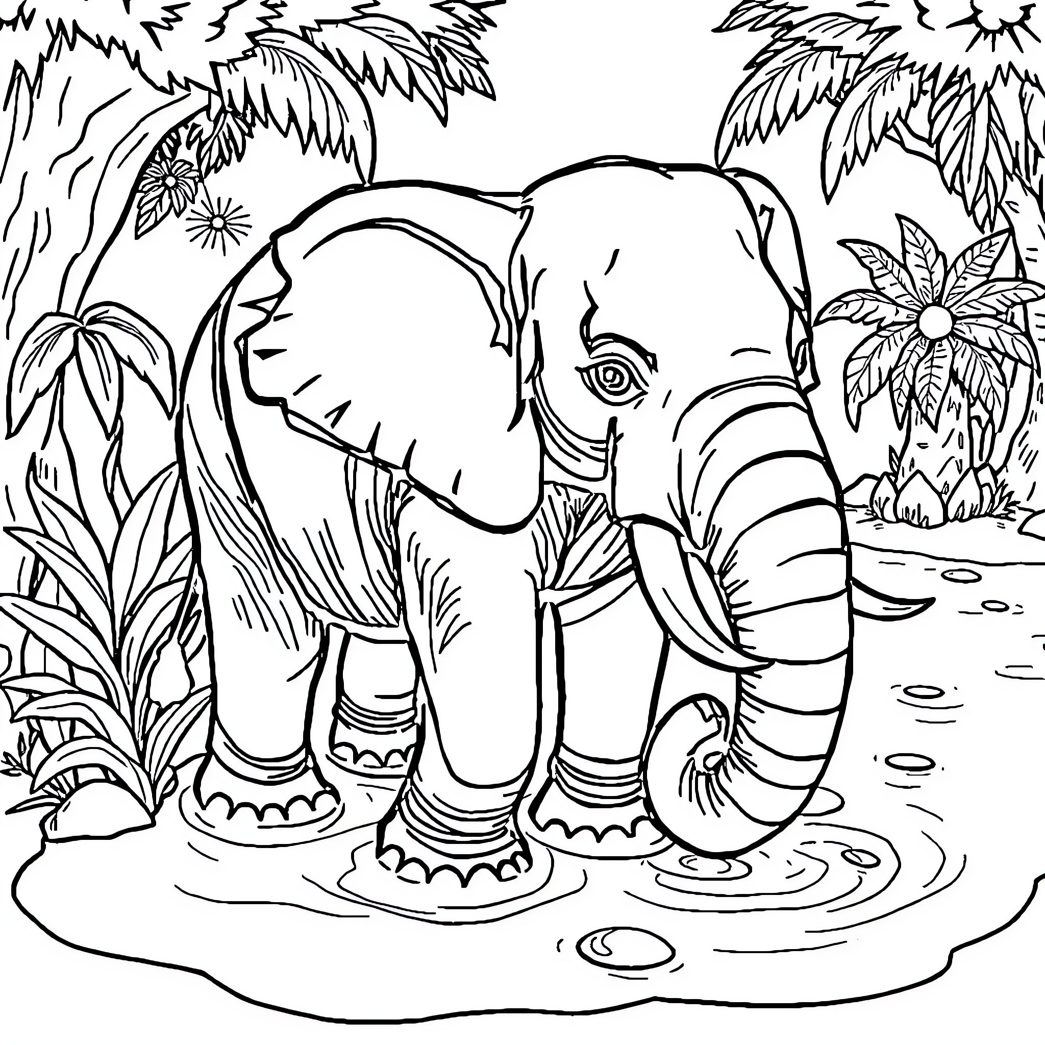 Elephant in a Tropical Jungle Scene Coloring Page (free black-and-white line drawing printable PDF for all, from beginners to advanced learners, including children, teens, adults, and seniors)
