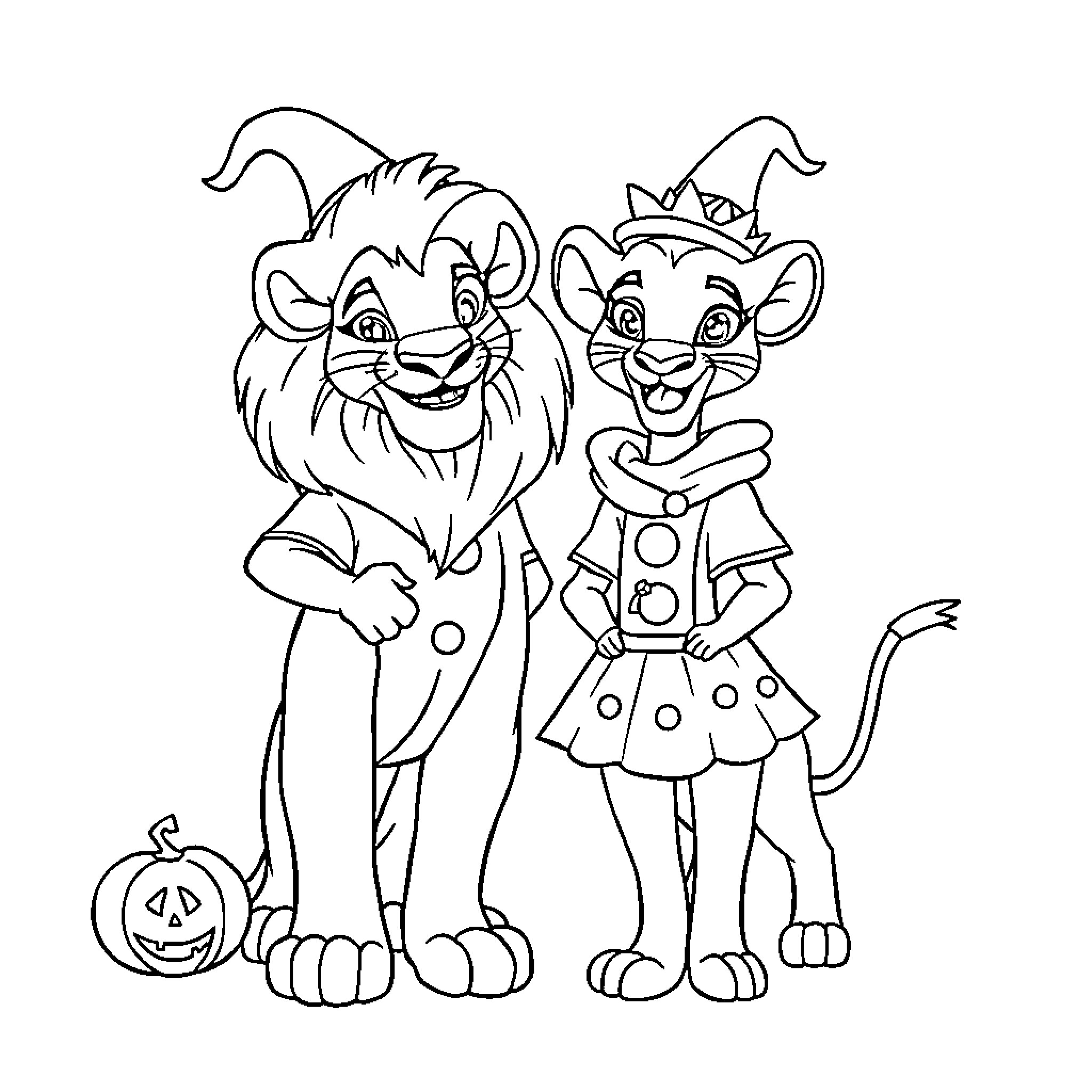 Simba and Nala dressed for Halloween Coloring Page (free black-and-white line drawing printable PDF for all, from beginners to advanced learners, including children, teens, adults, and seniors)
