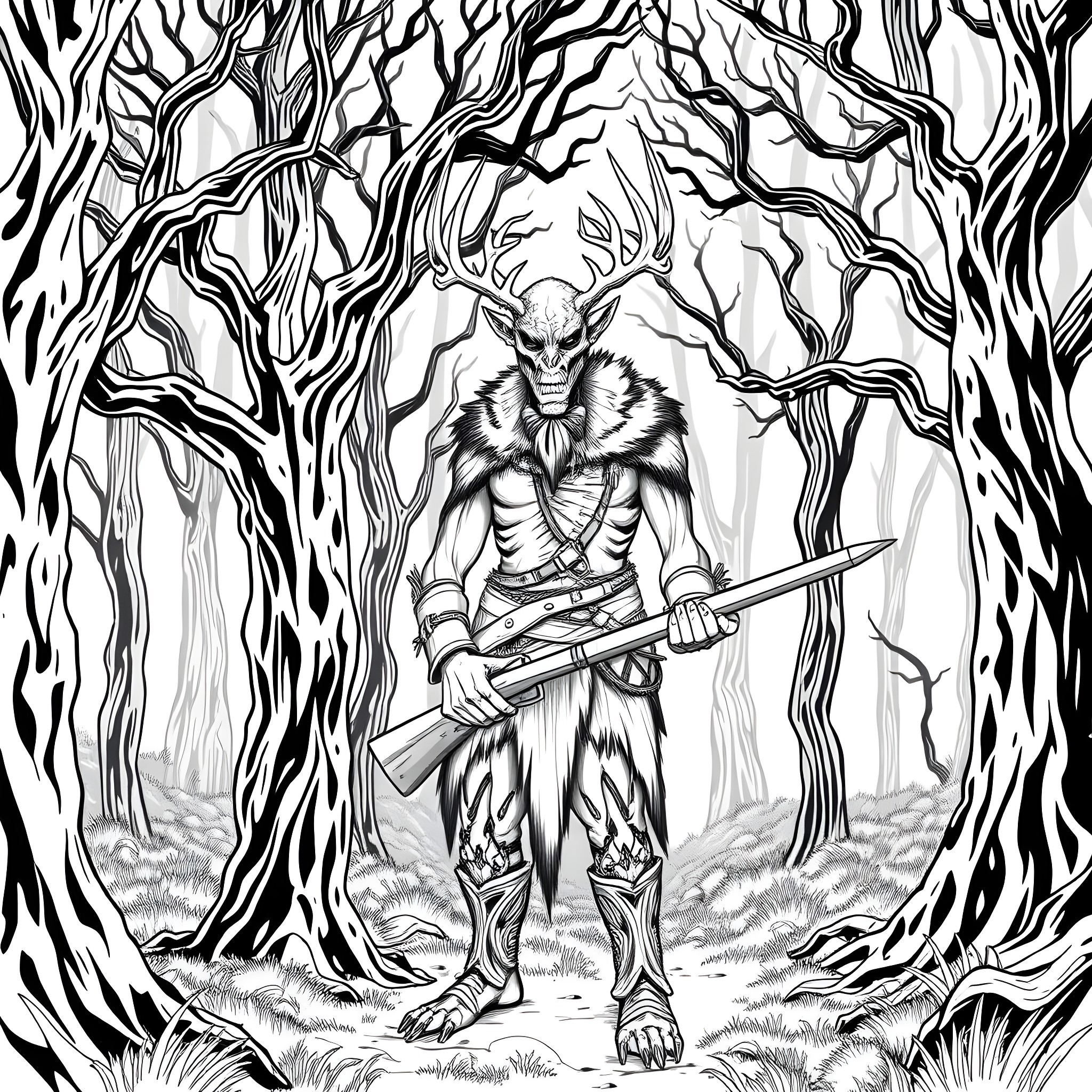 Hunter Stalking Through the Mysterious Forest Coloring Page (free black-and-white line drawing printable PDF for all, from beginners to advanced learners, including children, teens, adults, and seniors)