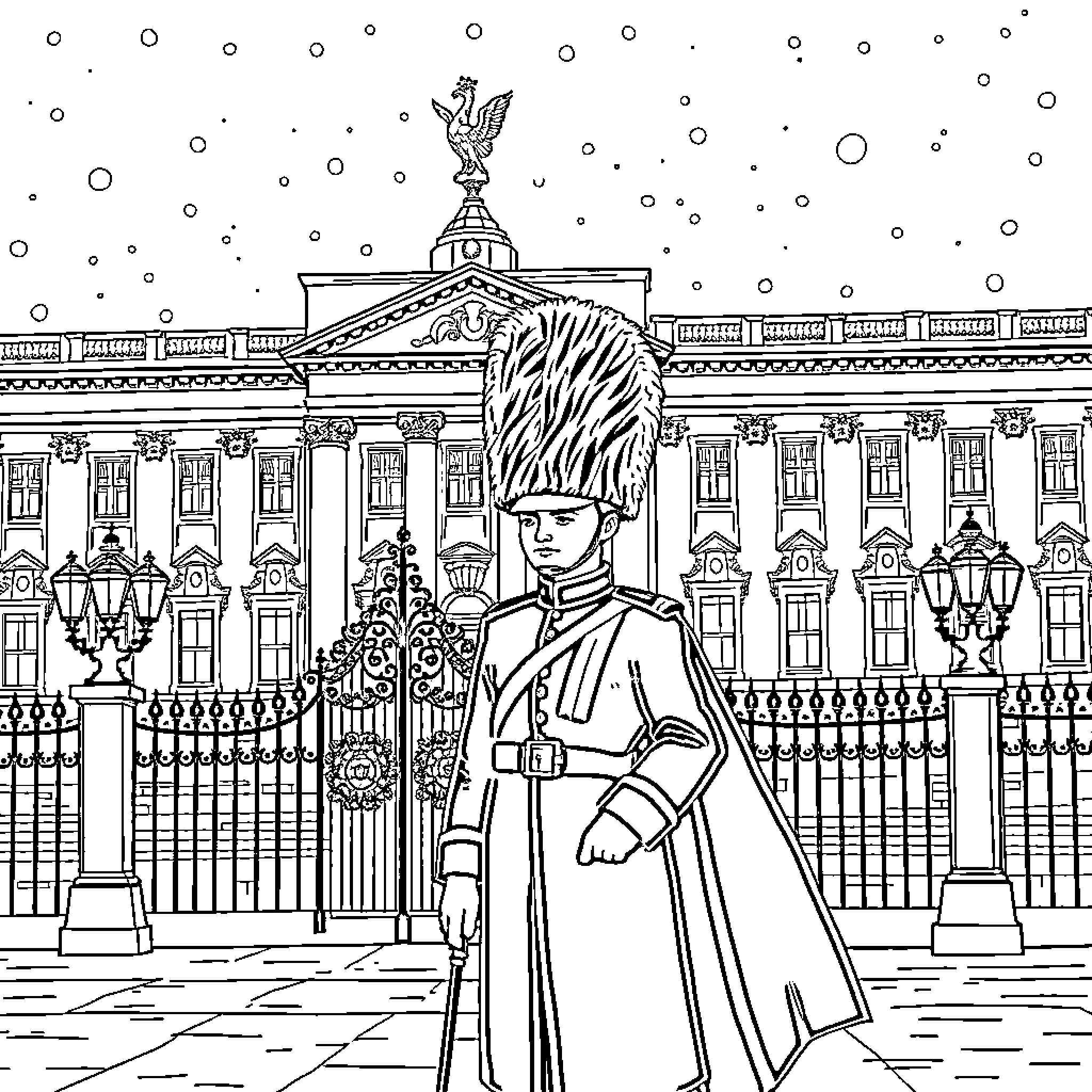 Royal Guard standing at palace entrance in winter Coloring Page (free black-and-white line drawing printable PDF for all, from beginners to advanced learners, including children, teens, adults, and seniors)