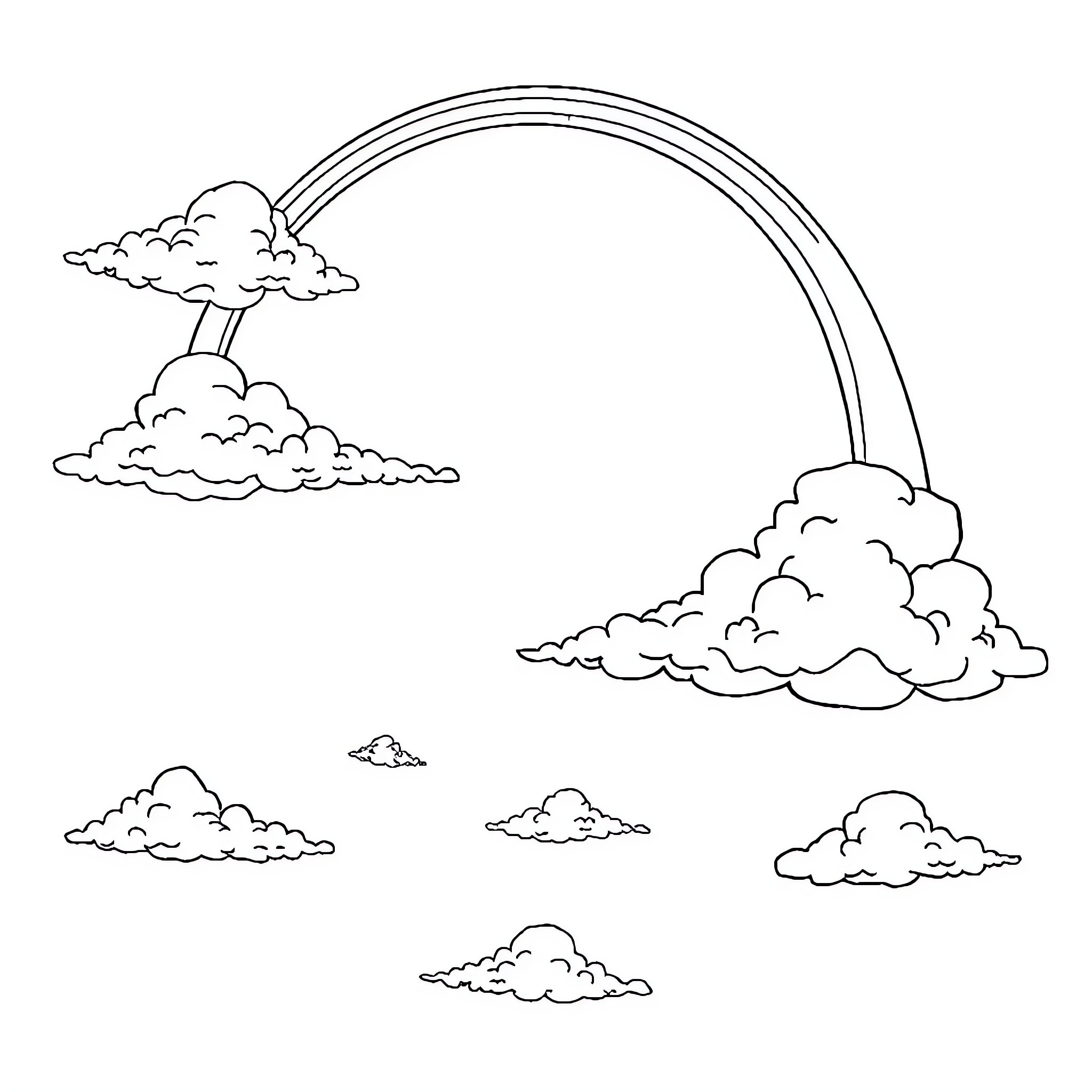 Cloud scene with rainbow and fluffy clouds Coloring Page (free black-and-white line drawing printable PDF for all, from beginners to advanced learners, including children, teens, adults, and seniors)
