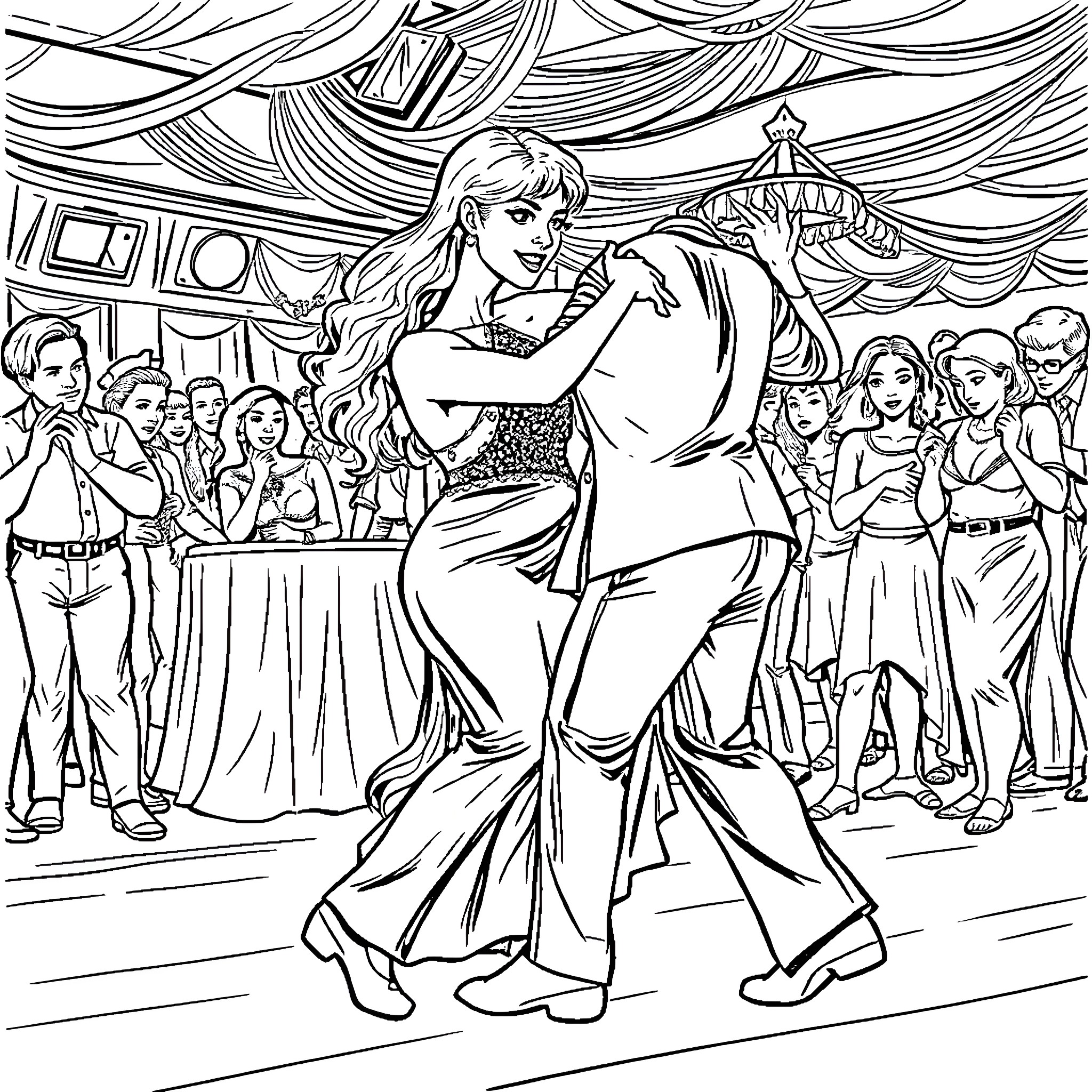 Dancer performing at a lively social event Coloring Page (free black-and-white line drawing printable PDF for all, from beginners to advanced learners, including children, teens, adults, and seniors)
