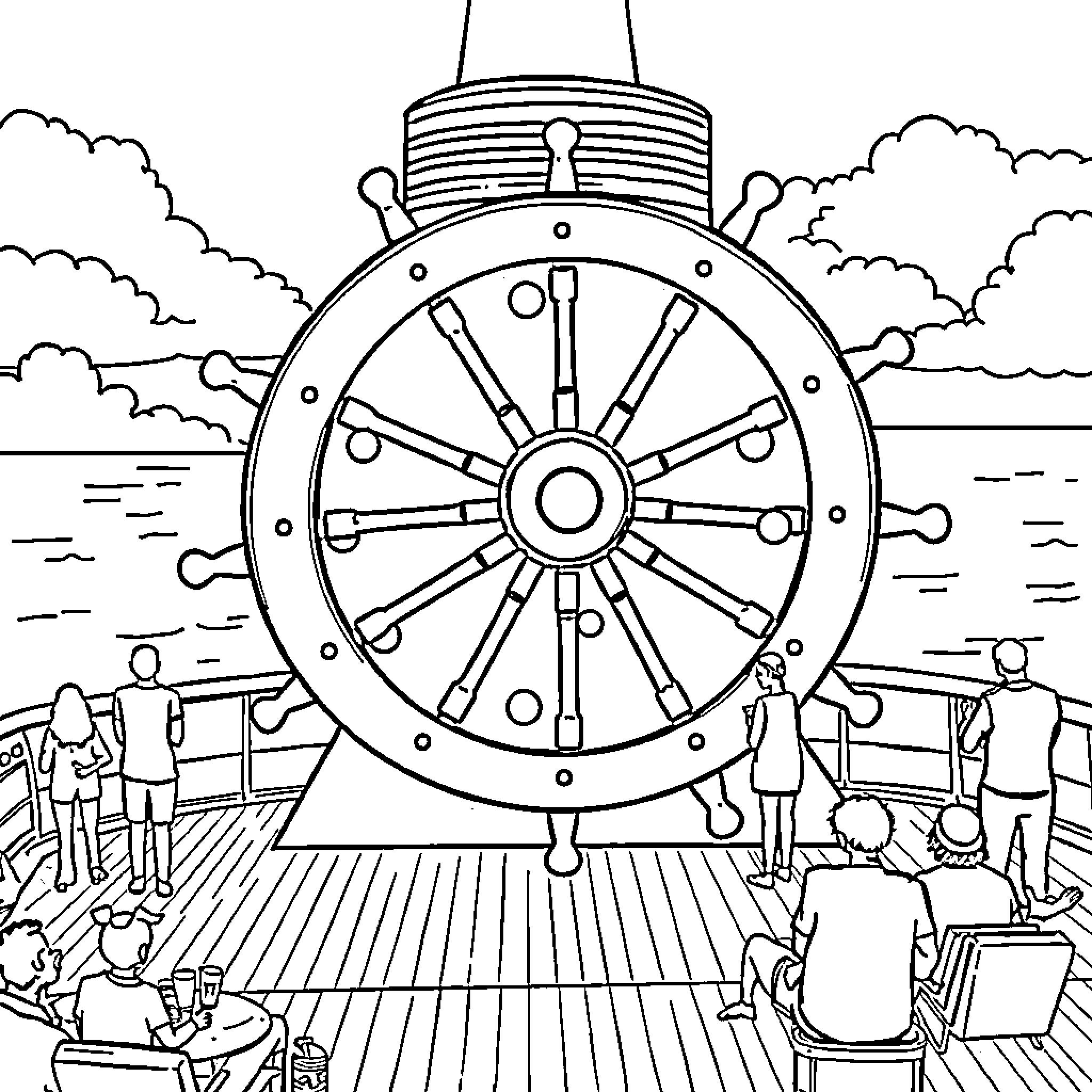 Cheese wheel of fortune aboard steamship Coloring Page (free black-and-white line drawing printable PDF for all, from beginners to advanced learners, including children, teens, adults, and seniors)