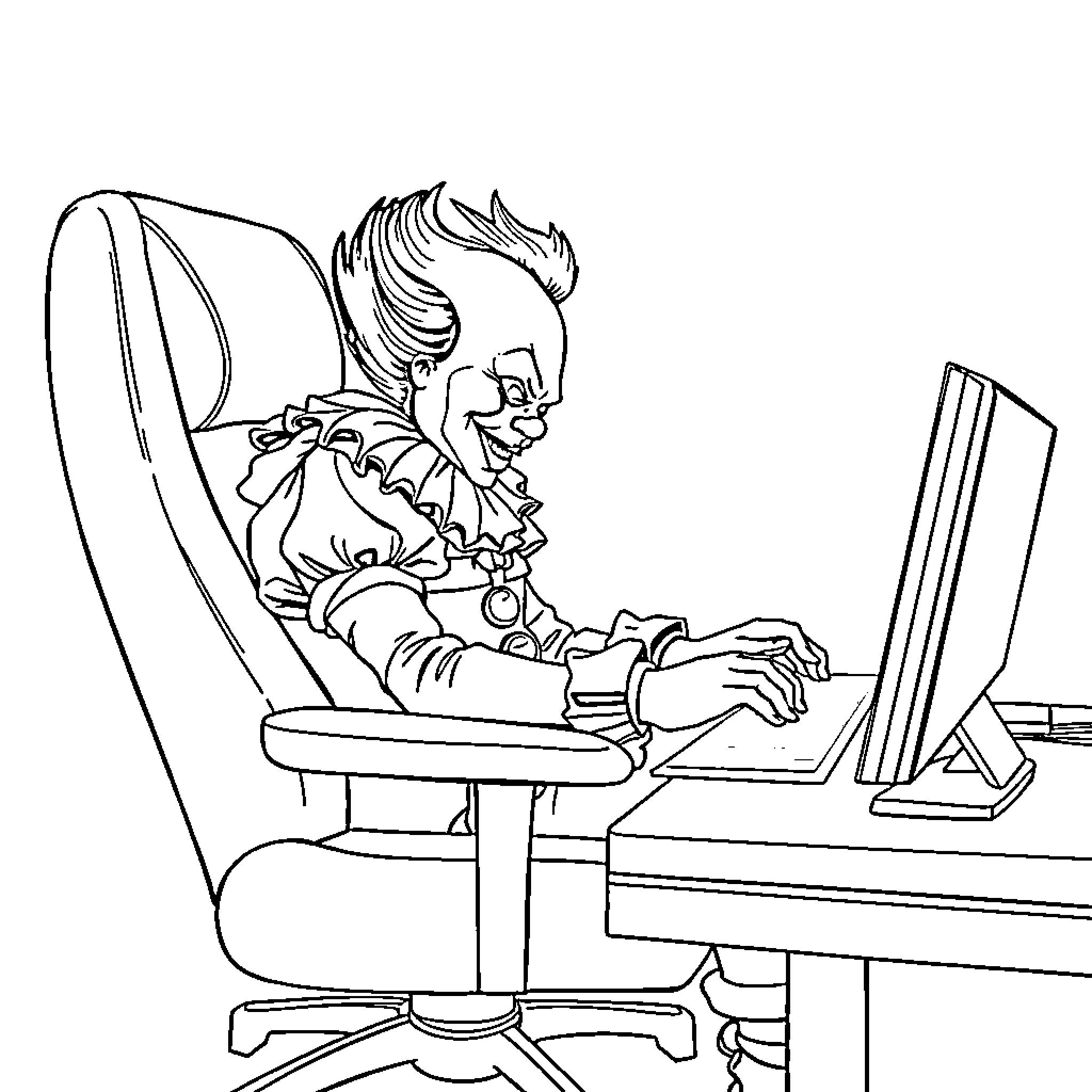 Pennywise working diligently at the computer Coloring Page (free black-and-white line drawing printable PDF for all, from beginners to advanced learners, including children, teens, adults, and seniors)