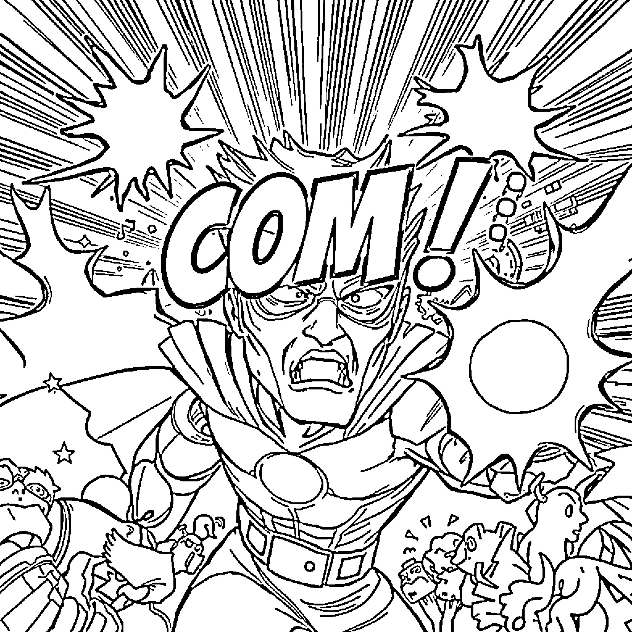 Comic Book Superhero Battles with Explosive Action Coloring Page (free black-and-white line drawing printable PDF for all, from beginners to advanced learners, including children, teens, adults, and seniors)