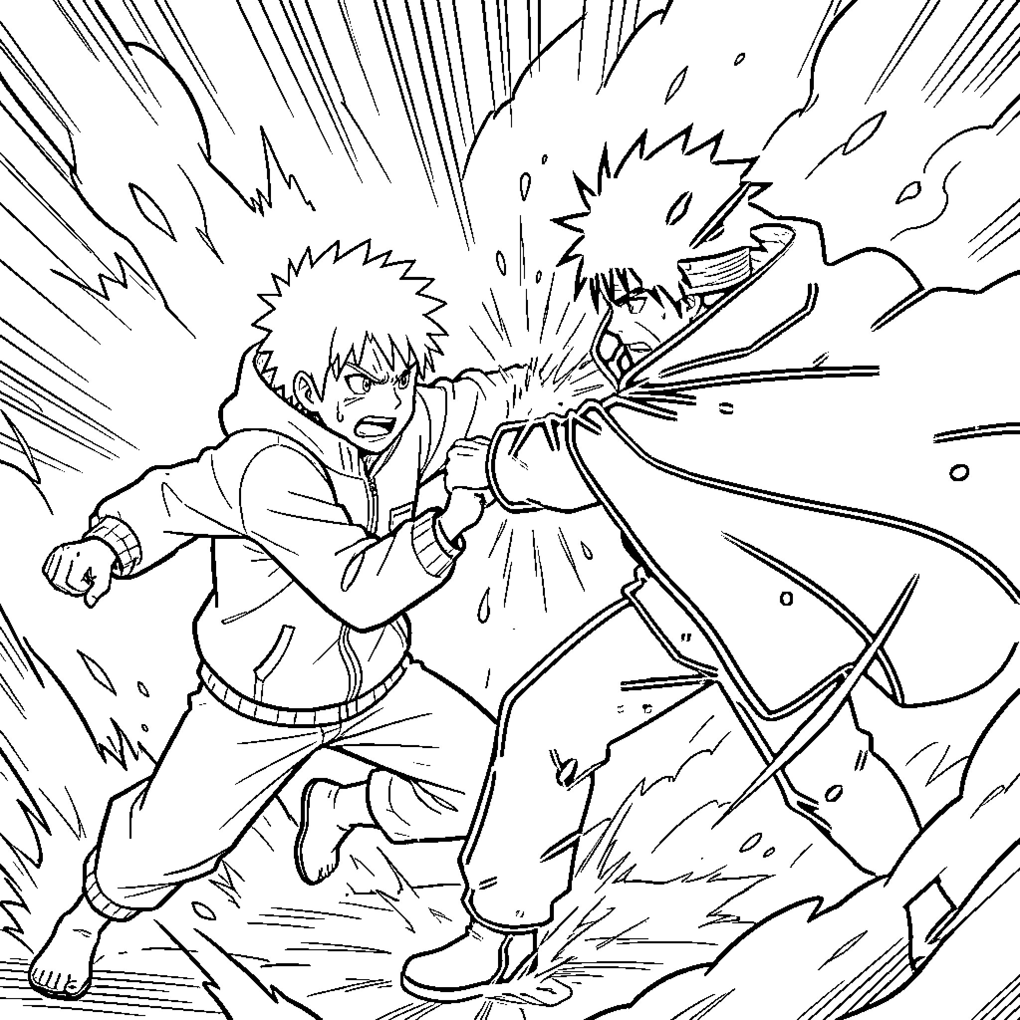 Minato in a fierce battle with intense action Coloring Page (free black-and-white line drawing printable PDF for all, from beginners to advanced learners, including children, teens, adults, and seniors)