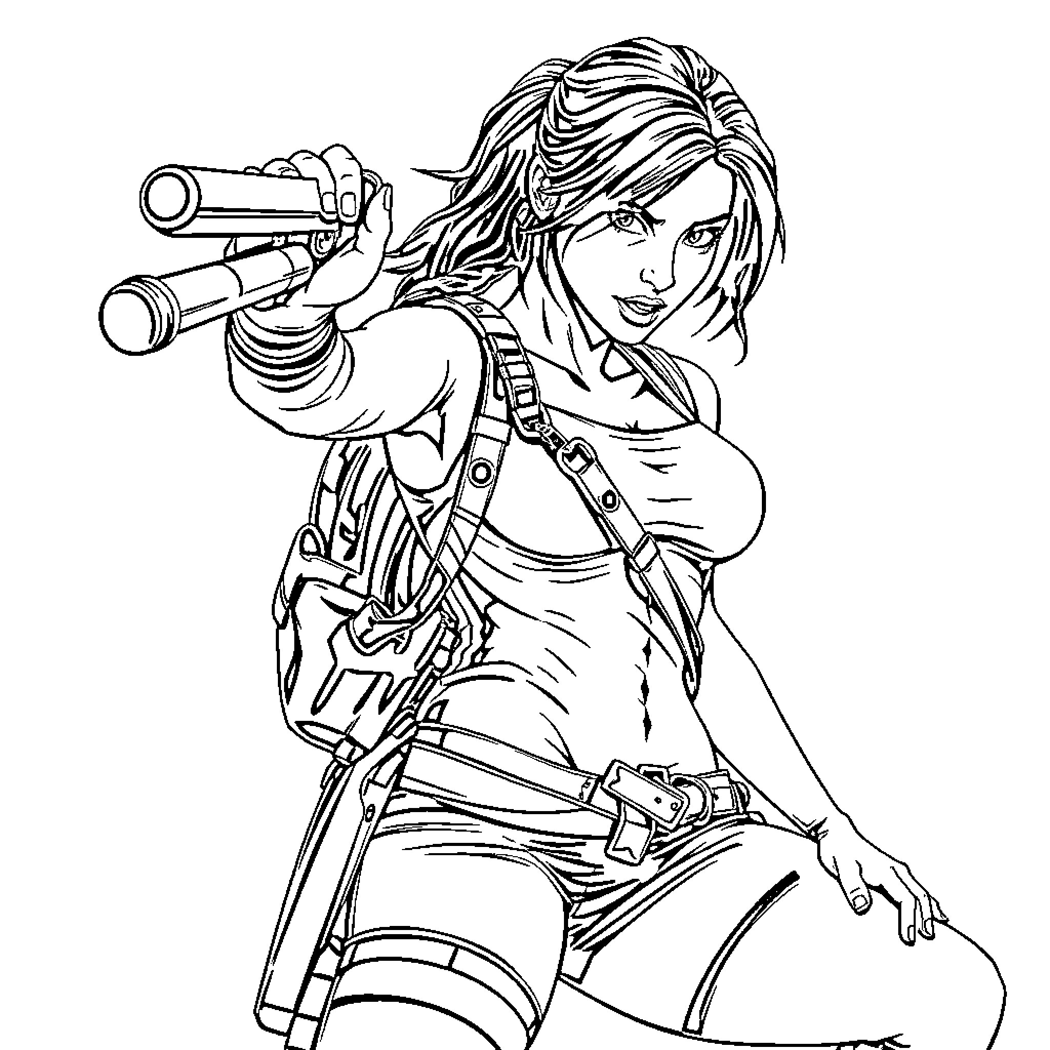 Lara Croft Wielding Dual Pistols in Action Coloring Page (free black-and-white line drawing printable PDF for all, from beginners to advanced learners, including children, teens, adults, and seniors)