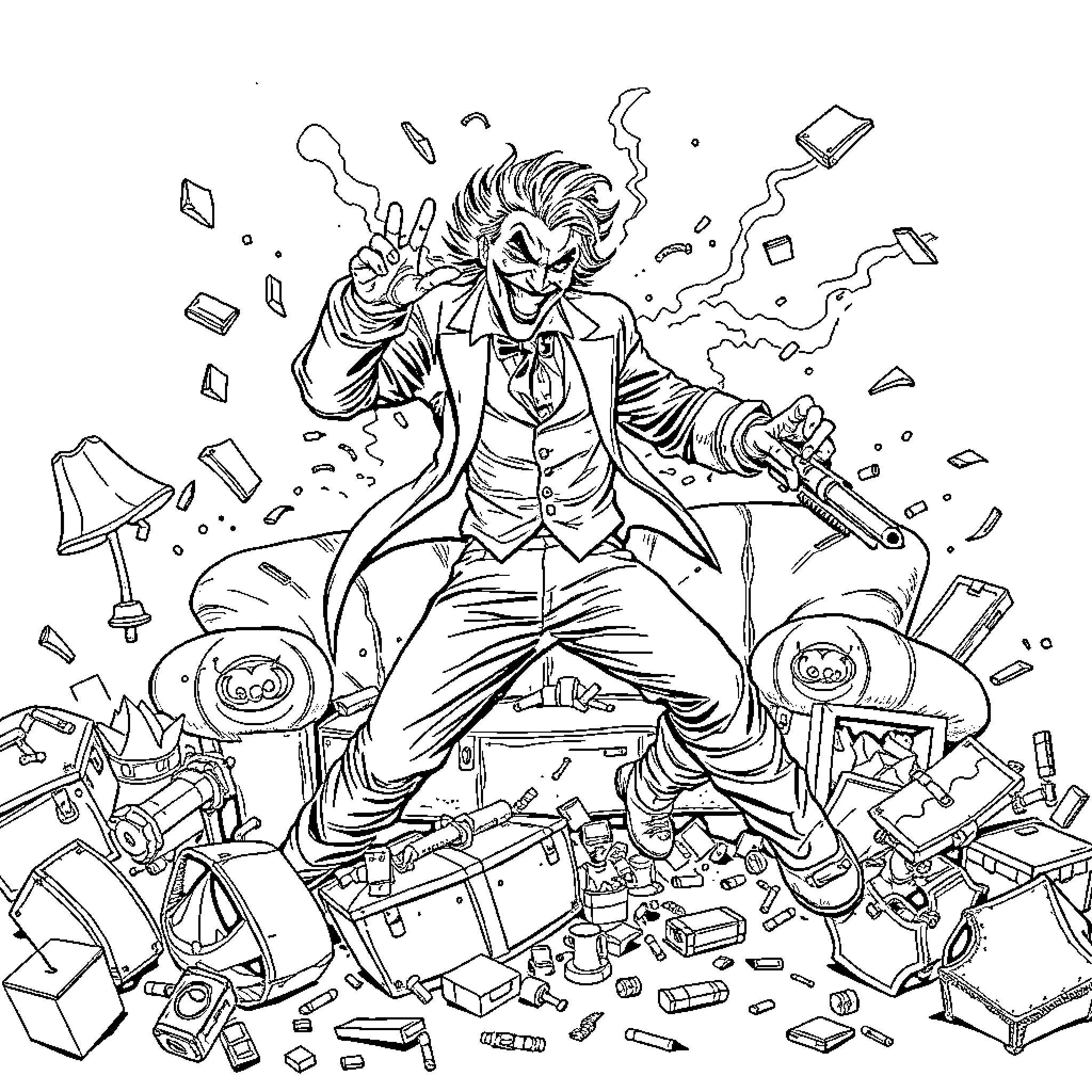 Joker's Chaotic Revelry in the Wreckage Coloring Page (free black-and-white line drawing printable PDF for all, from beginners to advanced learners, including children, teens, adults, and seniors)
