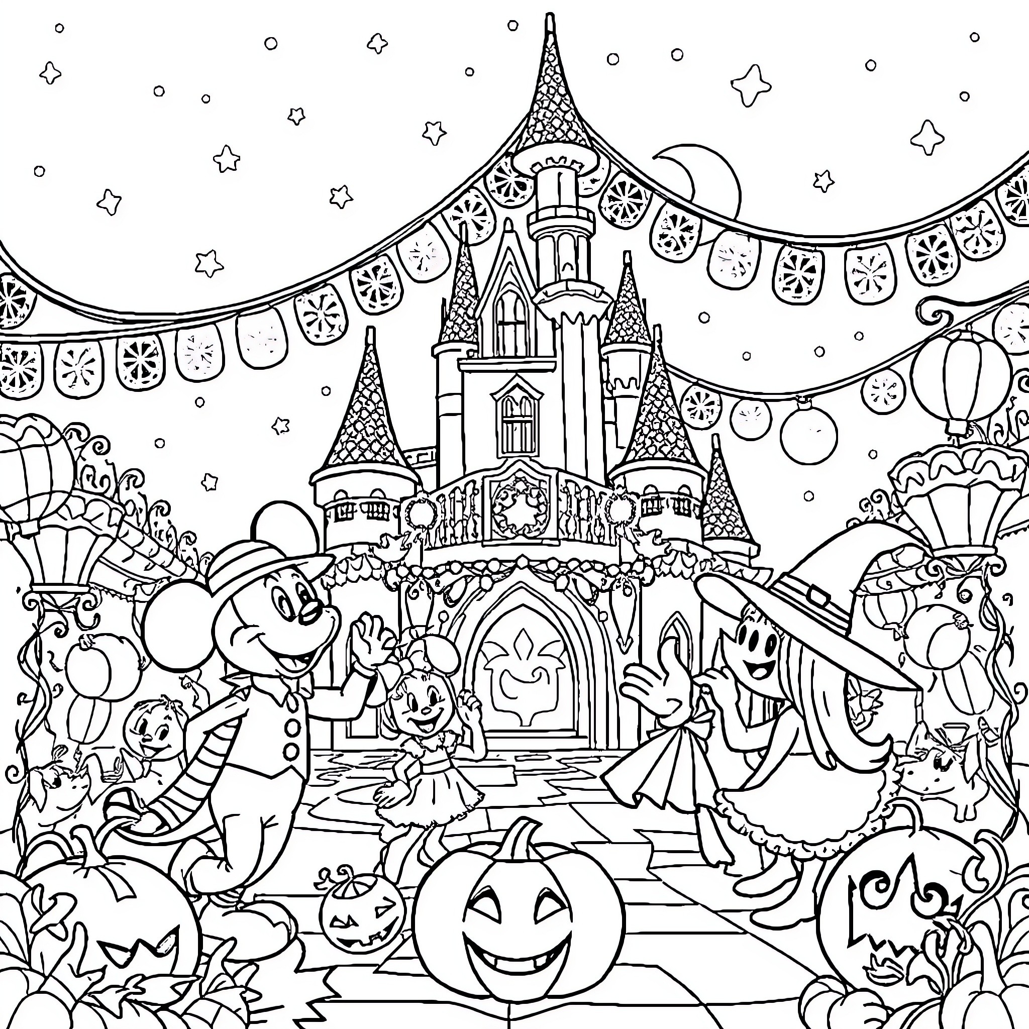Disney Characters Celebrating Halloween at a Magical Castle Coloring Page (free black-and-white line drawing printable PDF for all, from beginners to advanced learners, including children, teens, adults, and seniors)