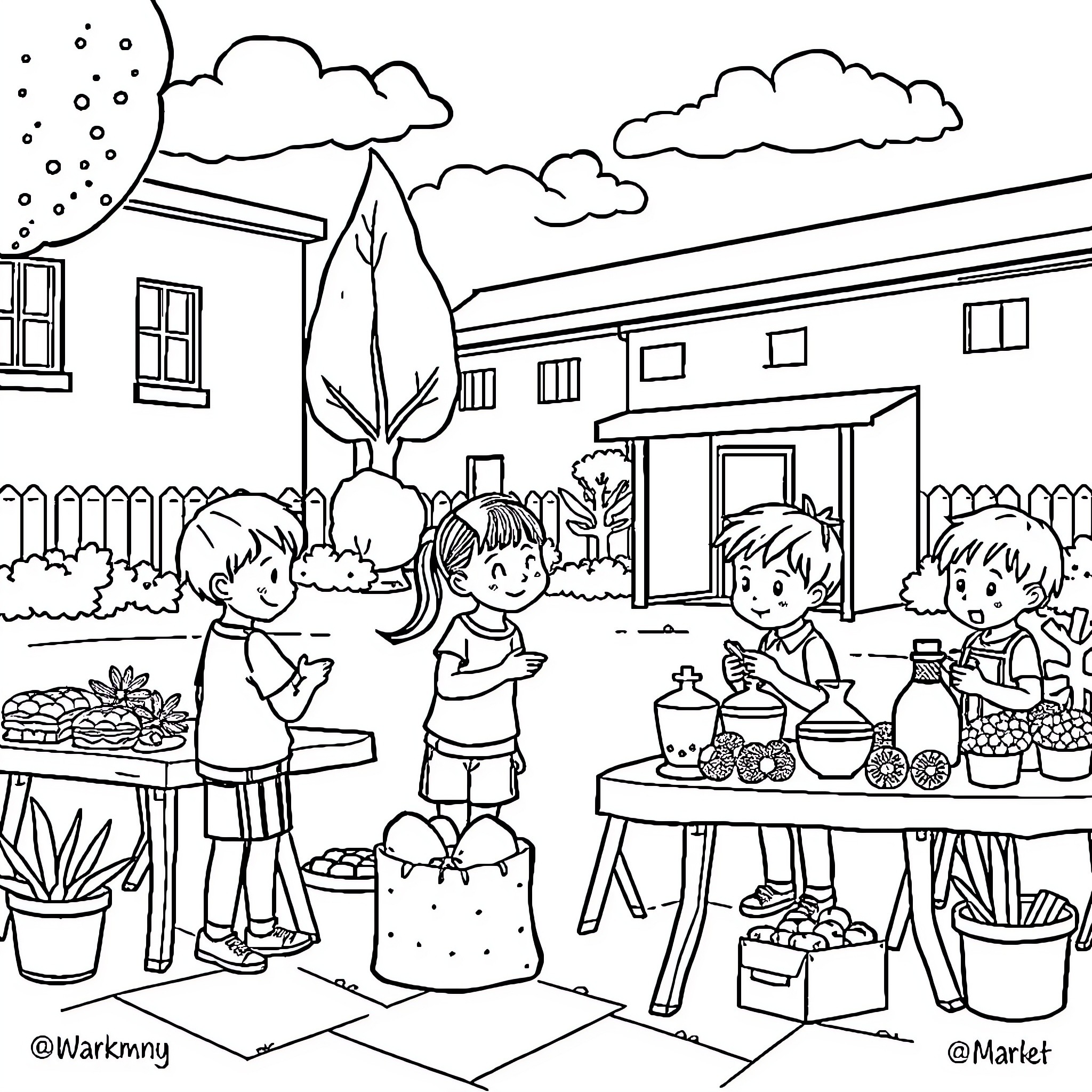 Kids engaged in various outdoor activities Coloring Page (free black-and-white line drawing printable PDF for all, from beginners to advanced learners, including children, teens, adults, and seniors)