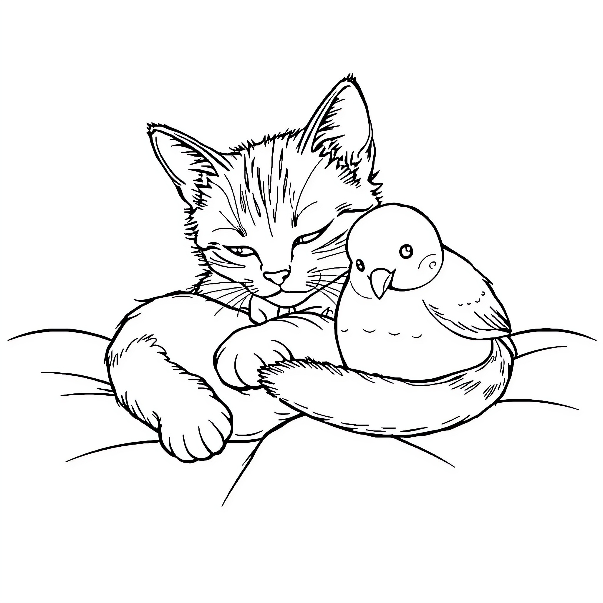 Chat with a curious cat and pet bird Coloring Page (free black-and-white line drawing printable PDF for all, from beginners to advanced learners, including children, teens, adults, and seniors)