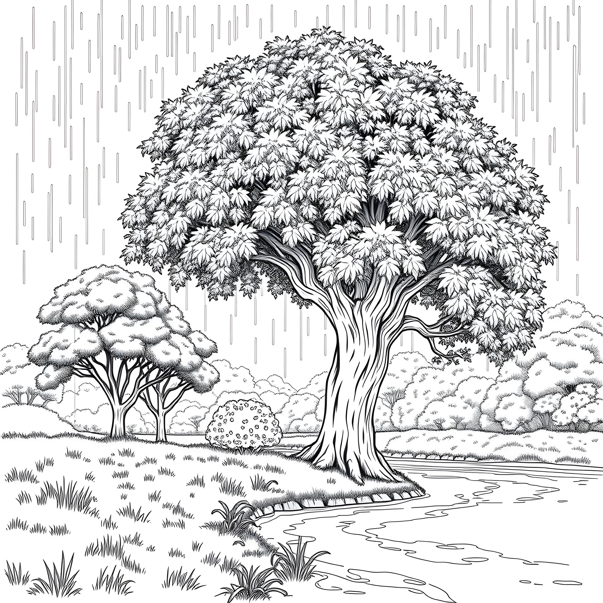 Neem Tree in Rainy Landscape Coloring Page (free black-and-white line drawing printable PDF for all, from beginners to advanced learners, including children, teens, adults, and seniors)