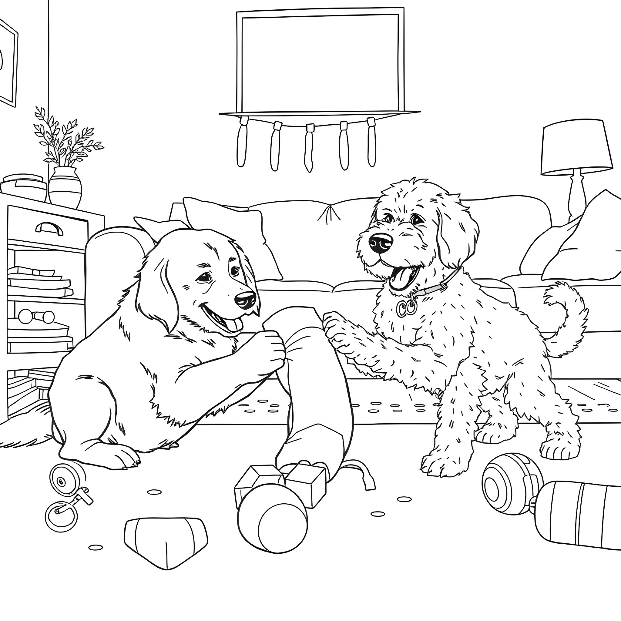 Dogs playing joyfully in a cozy home Coloring Page (free black-and-white line drawing printable PDF for all, from beginners to advanced learners, including children, teens, adults, and seniors)