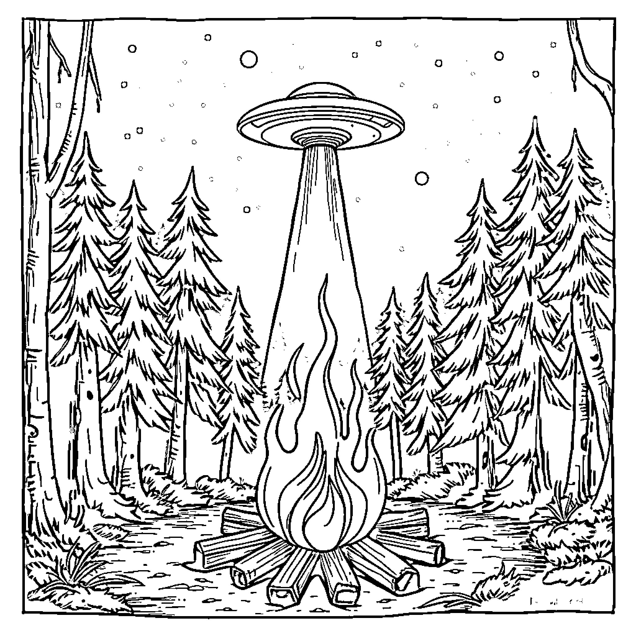 Bonfire under the starry night sky Coloring Page (free black-and-white line drawing printable PDF for all, from beginners to advanced learners, including children, teens, adults, and seniors)