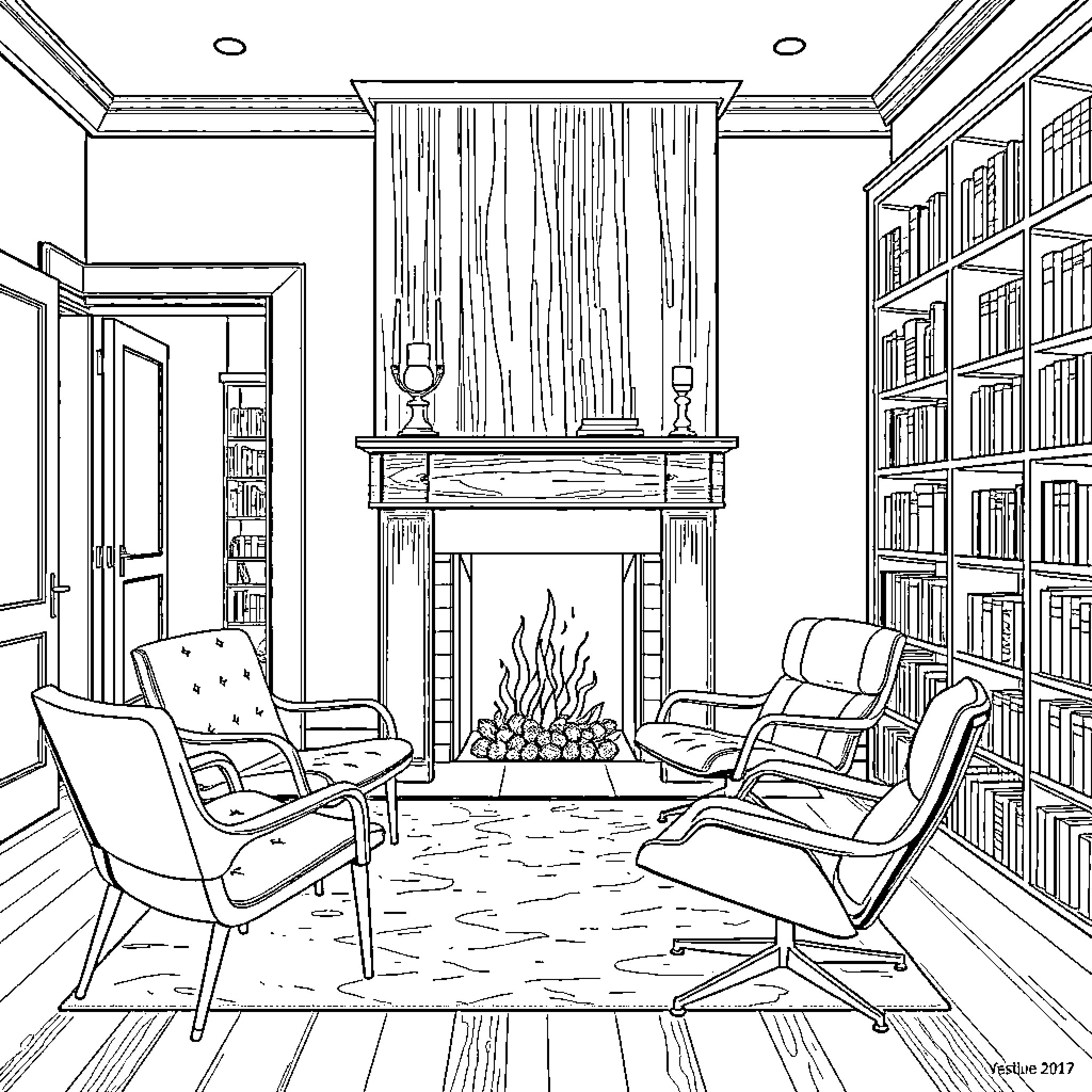 Library interior with cozy fireplace and seating Coloring Page (free black-and-white line drawing printable PDF for all, from beginners to advanced learners, including children, teens, adults, and seniors)