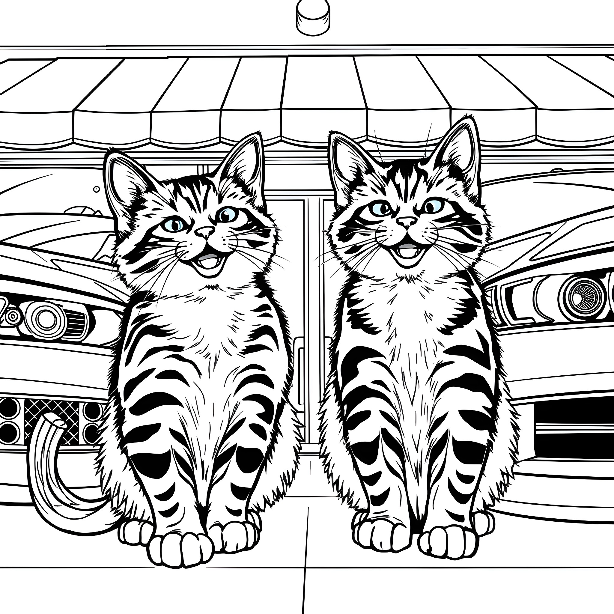 Cat friends sitting in a colorful setting Coloring Page (free black-and-white line drawing printable PDF for all, from beginners to advanced learners, including children, teens, adults, and seniors)
