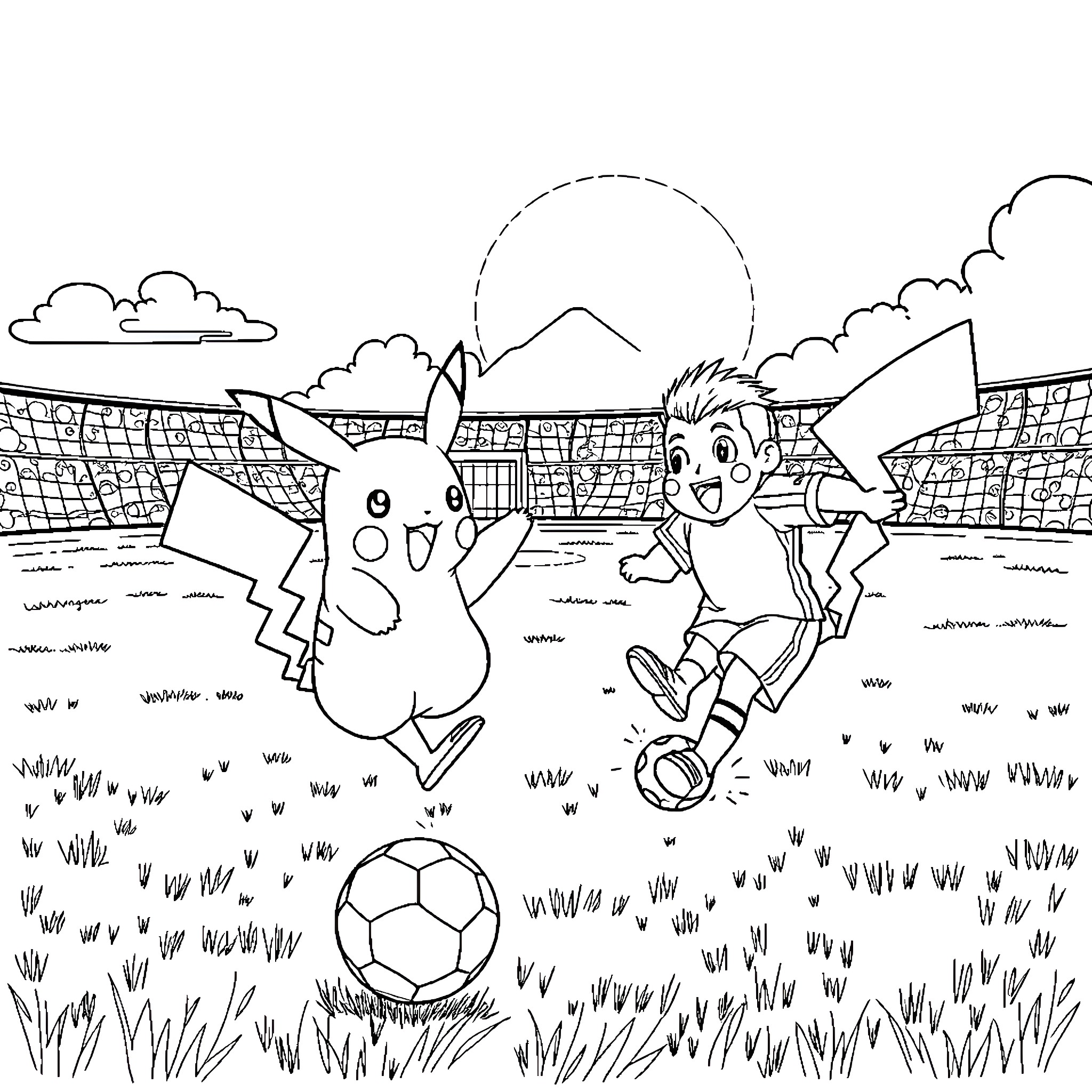 Pikachu playing soccer with a Pokémon friend Coloring Page (free black-and-white line drawing printable PDF for all, from beginners to advanced learners, including children, teens, adults, and seniors)