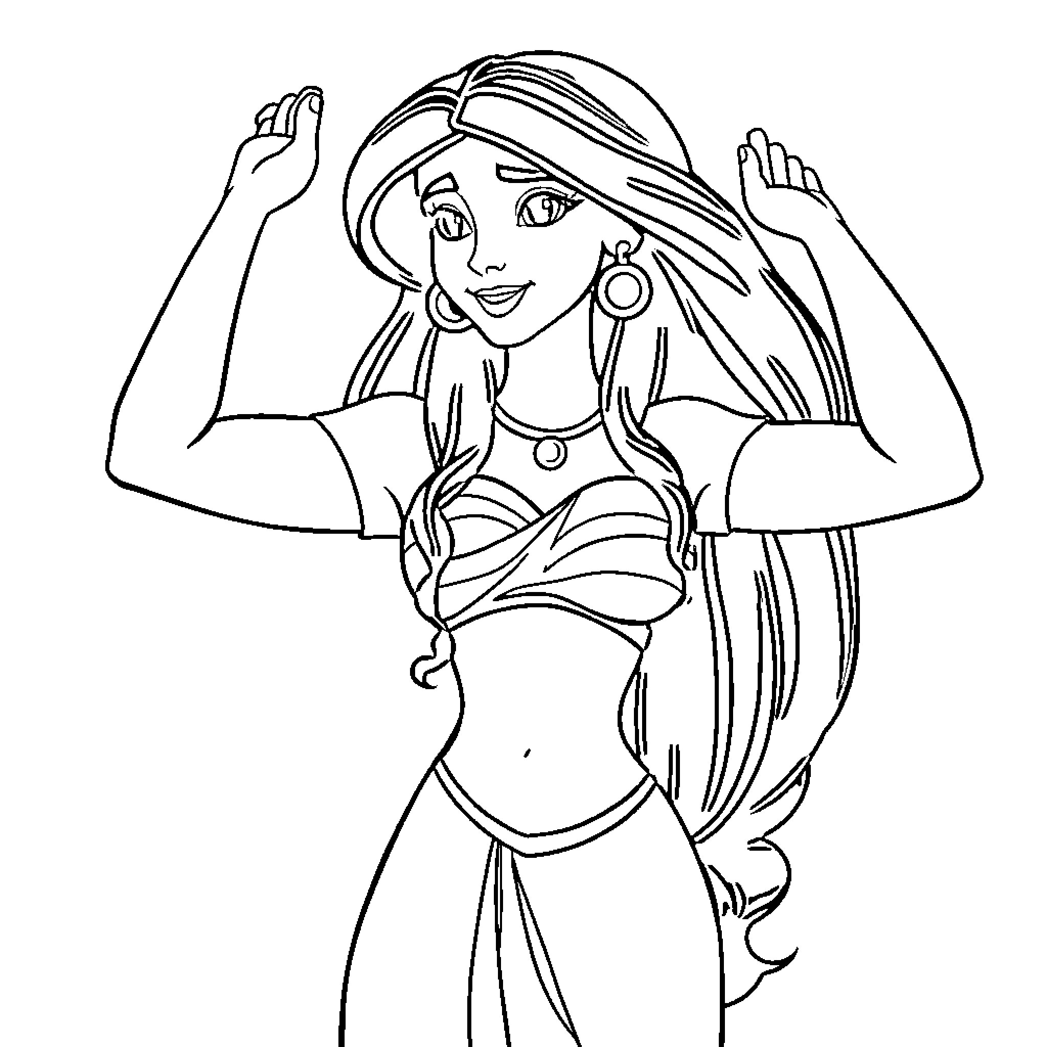 Princess Jasmine striking a confident pose Coloring Page (free black-and-white line drawing printable PDF for all, from beginners to advanced learners, including children, teens, adults, and seniors)