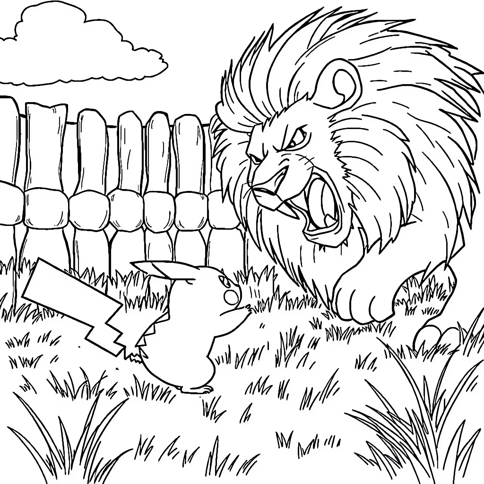 Pikachu encounters a roaring lion in the wild Coloring Page (free black-and-white line drawing printable PDF for all, from beginners to advanced learners, including children, teens, adults, and seniors)