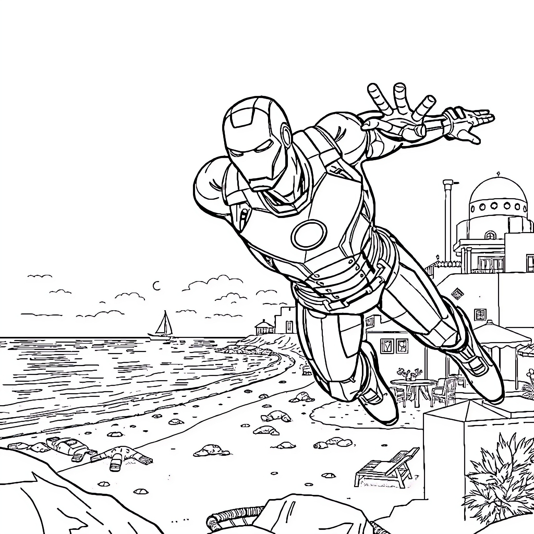 Ironman heroically flying over a coastal landscape Coloring Page (free black-and-white line drawing printable PDF for all, from beginners to advanced learners, including children, teens, adults, and seniors)