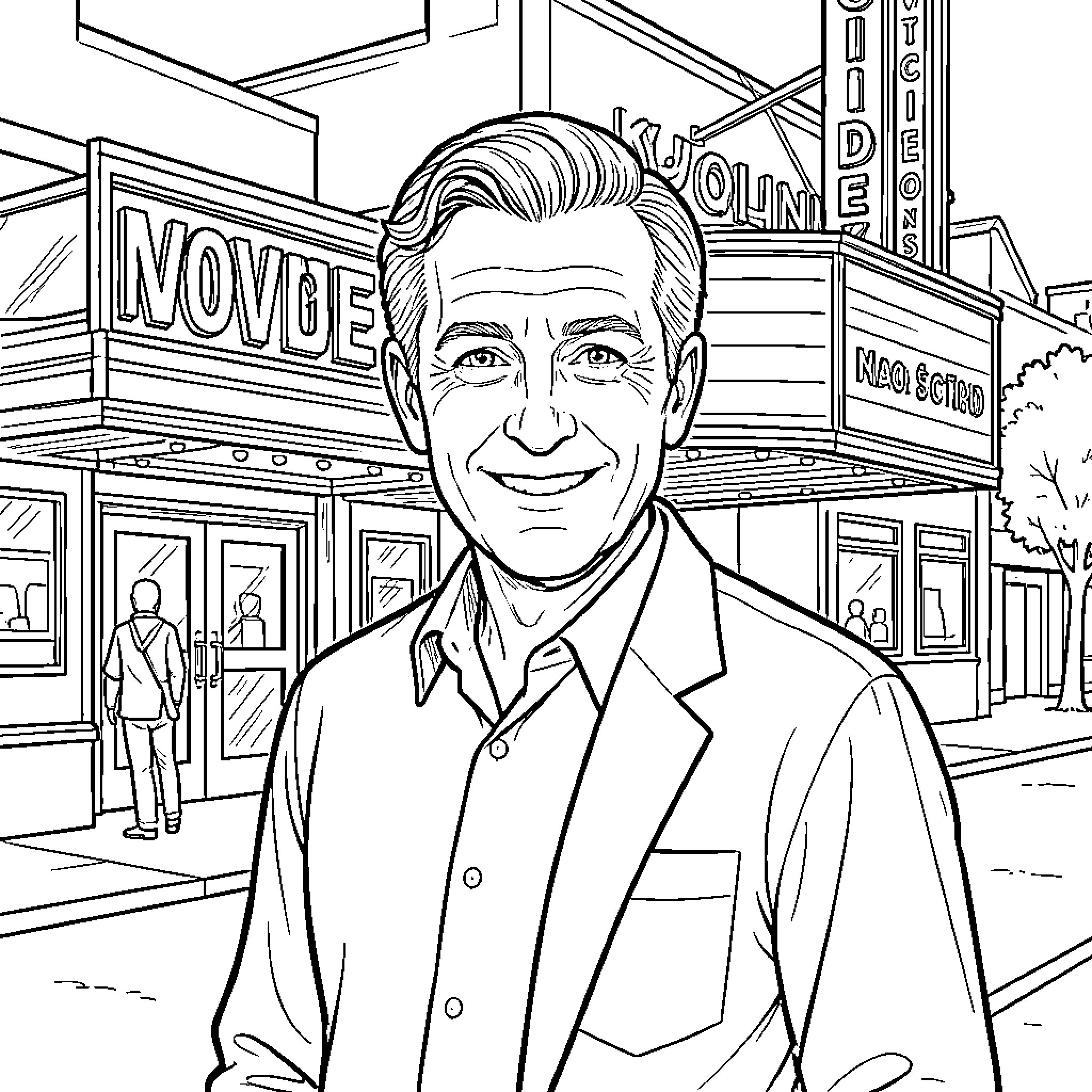 James Stewart smiling in a suit on a city street Coloring Page (free black-and-white line drawing printable PDF for all, from beginners to advanced learners, including children, teens, adults, and seniors)
