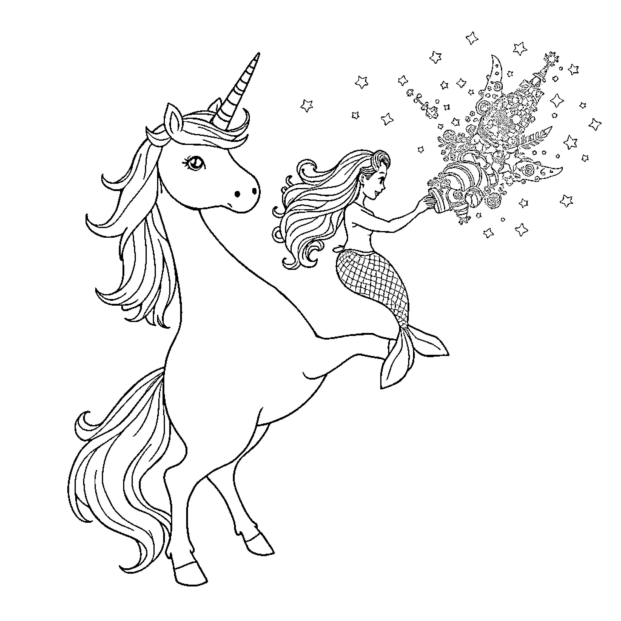 Unicorn and Mermaid Interacting with Stars Coloring Page (free black-and-white line drawing printable PDF for all, from beginners to advanced learners, including children, teens, adults, and seniors)