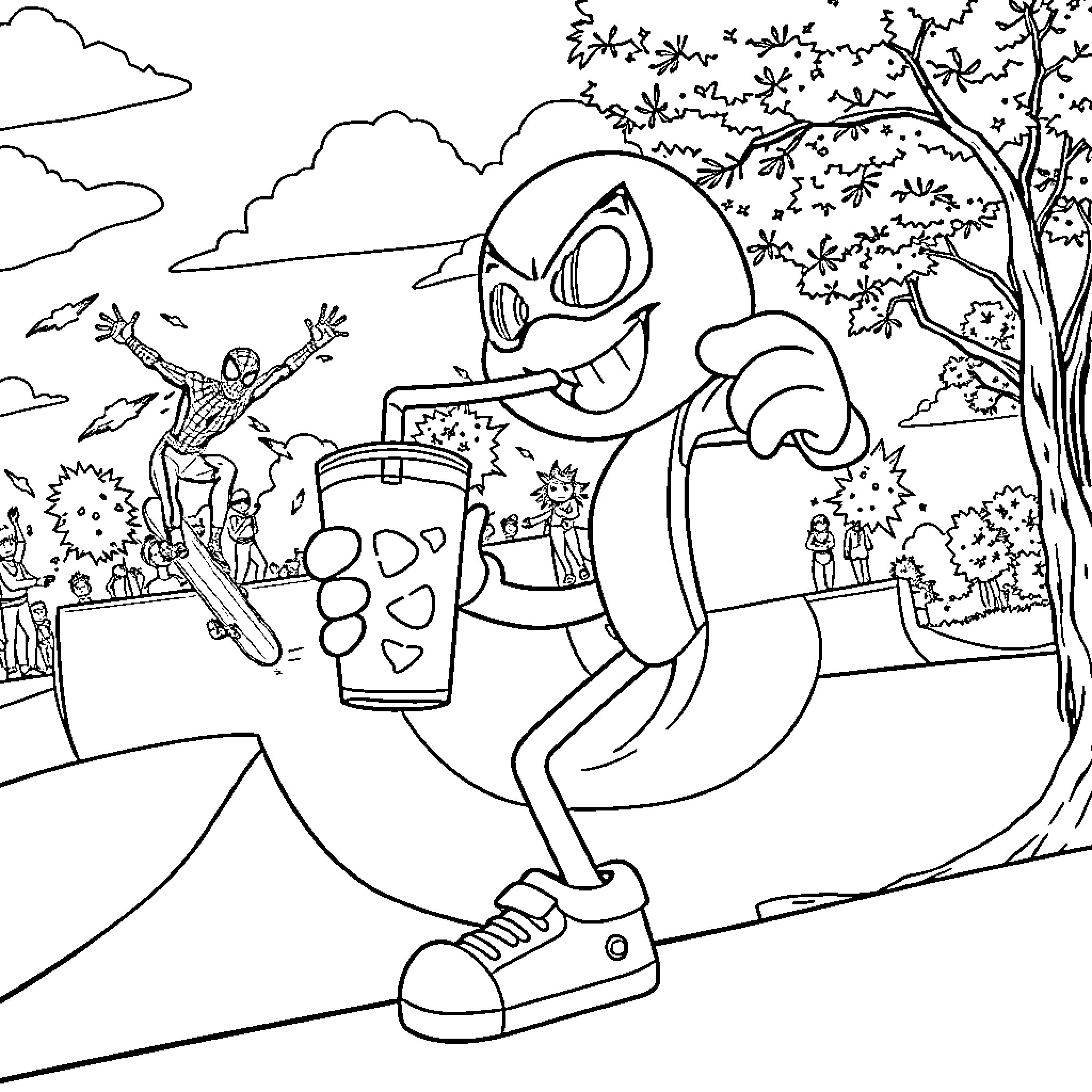 Cannonball leap into a whimsical adventure Coloring Page (free black-and-white line drawing printable PDF for all, from beginners to advanced learners, including children, teens, adults, and seniors)