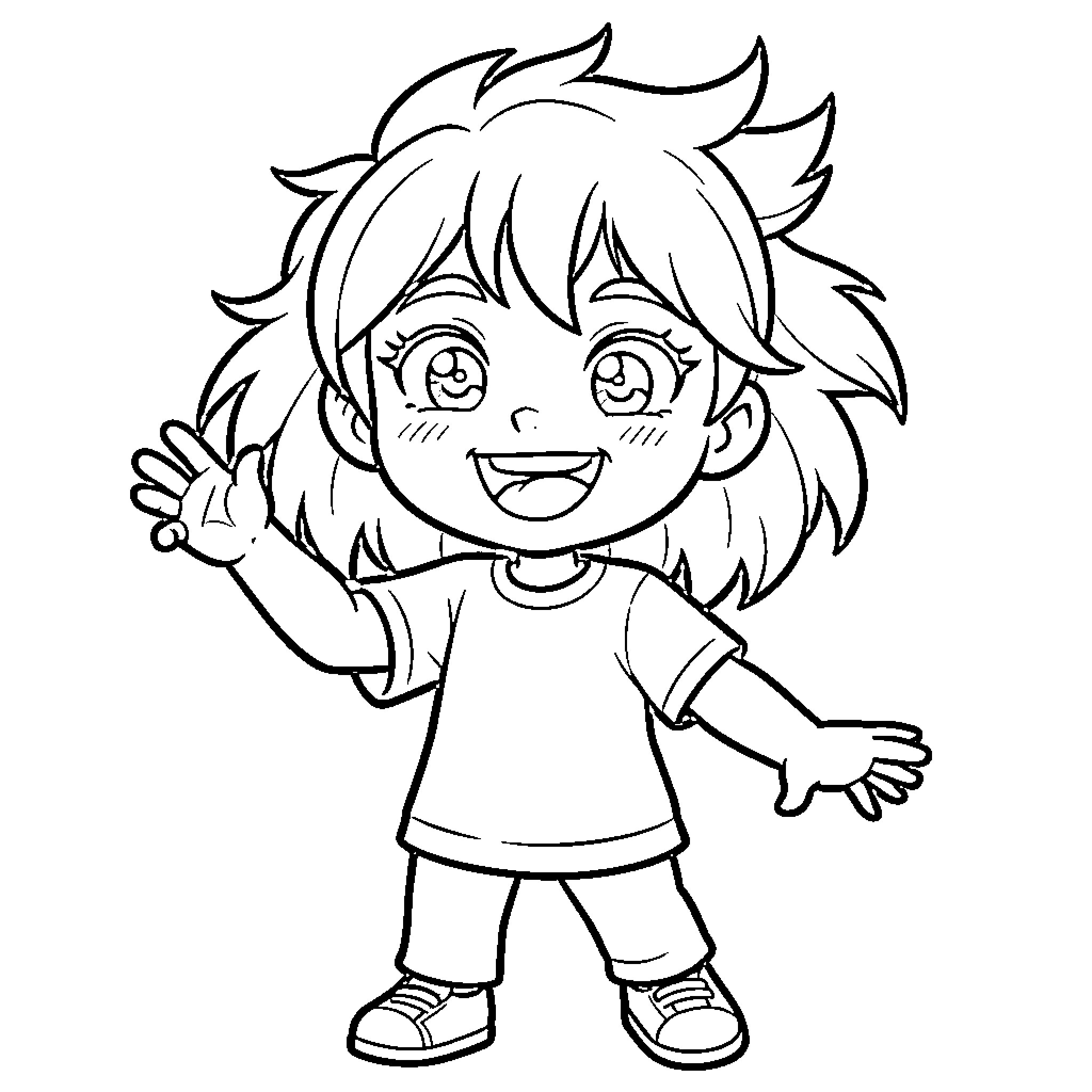 Spunky Young Child Expressing Joyful Enthusiasm Coloring Page (free black-and-white line drawing printable PDF for all, from beginners to advanced learners, including children, teens, adults, and seniors)