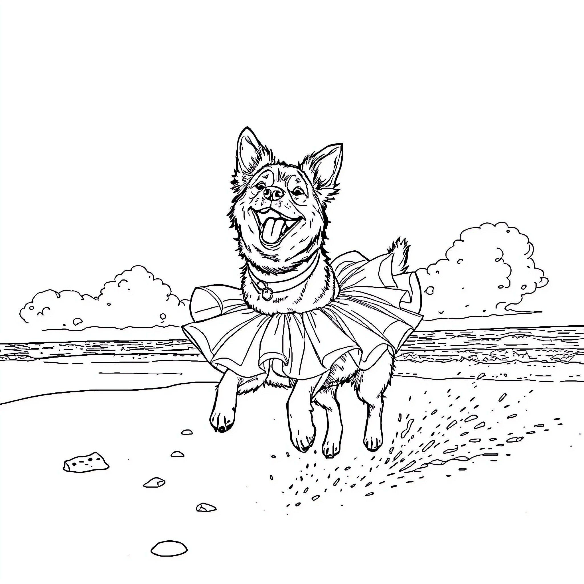 Dog happily running on beach in tutu Coloring Page (free black-and-white line drawing printable PDF for all, from beginners to advanced learners, including children, teens, adults, and seniors)