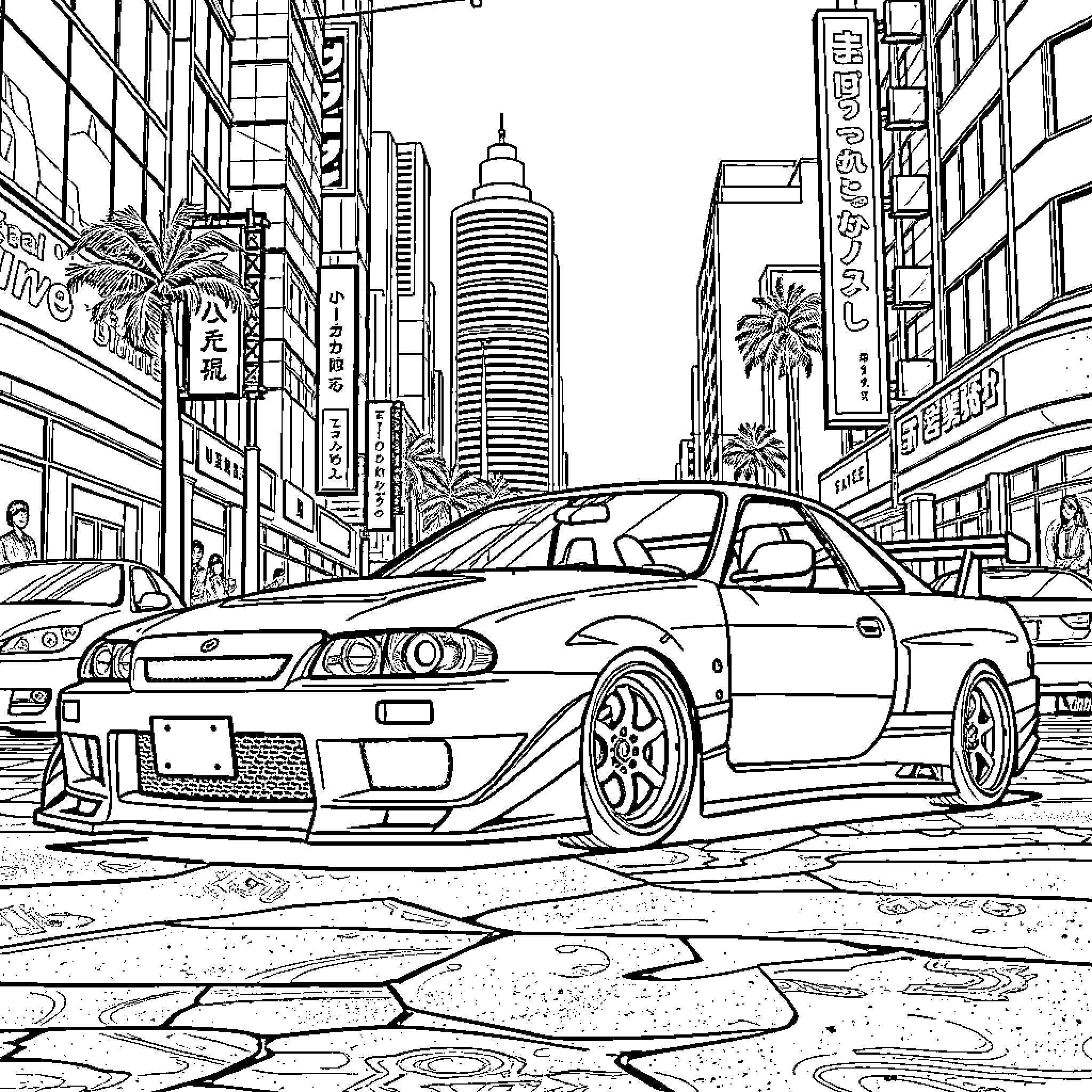 JDM sports car in urban city landscape Coloring Page (free black-and-white line drawing printable PDF for all, from beginners to advanced learners, including children, teens, adults, and seniors)
