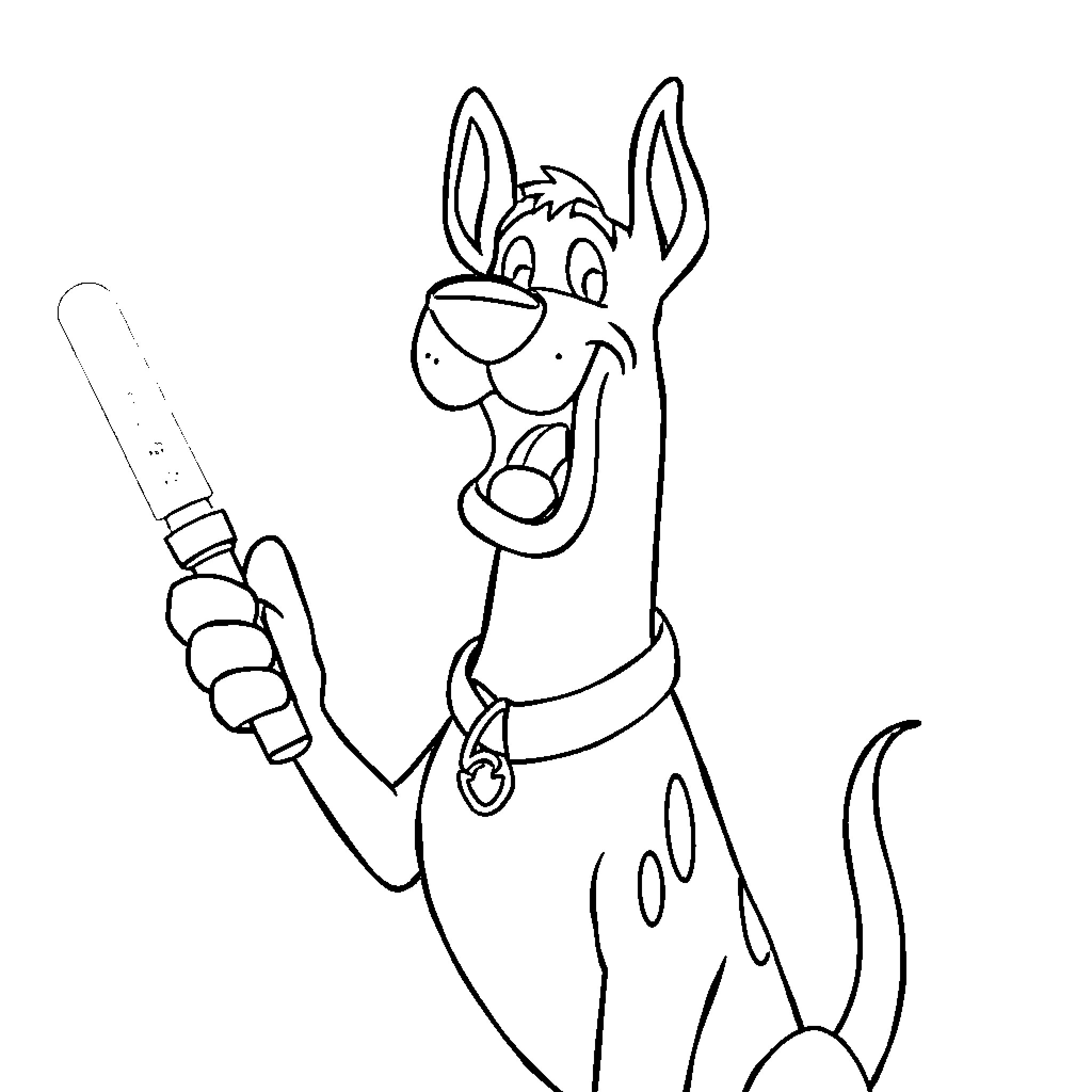 Scooby Doo wielding a magnifying glass Coloring Page (free black-and-white line drawing printable PDF for all, from beginners to advanced learners, including children, teens, adults, and seniors)