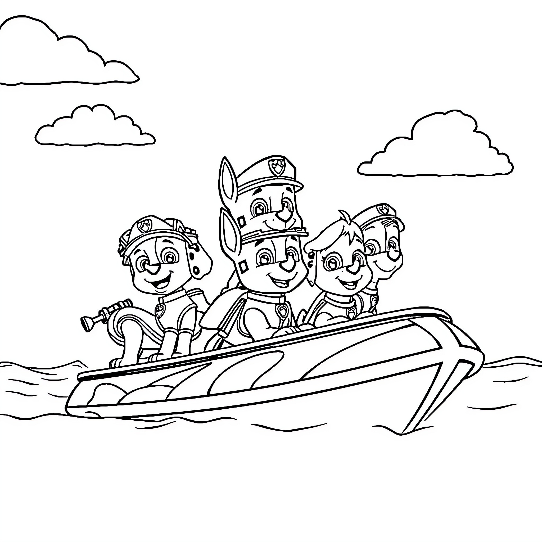 Paw Patrol Rescuing Pups in Speedboat Coloring Page (free black-and-white line drawing printable PDF for all, from beginners to advanced learners, including children, teens, adults, and seniors)