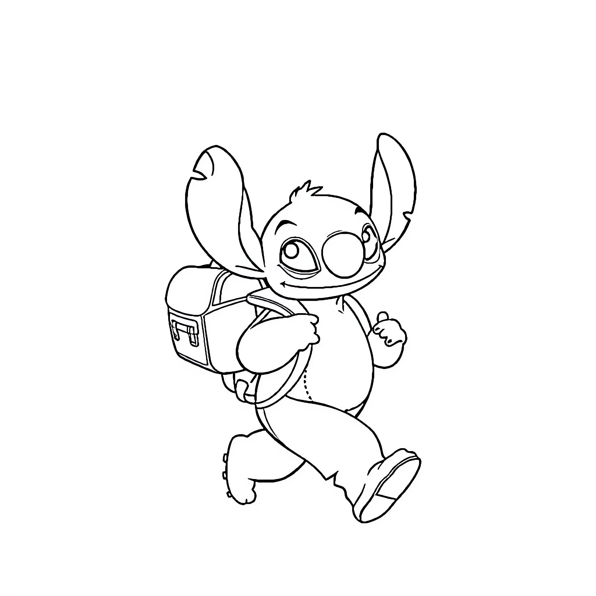 Stitch carrying a backpack and walking happily Coloring Page (free black-and-white line drawing printable PDF for all, from beginners to advanced learners, including children, teens, adults, and seniors)