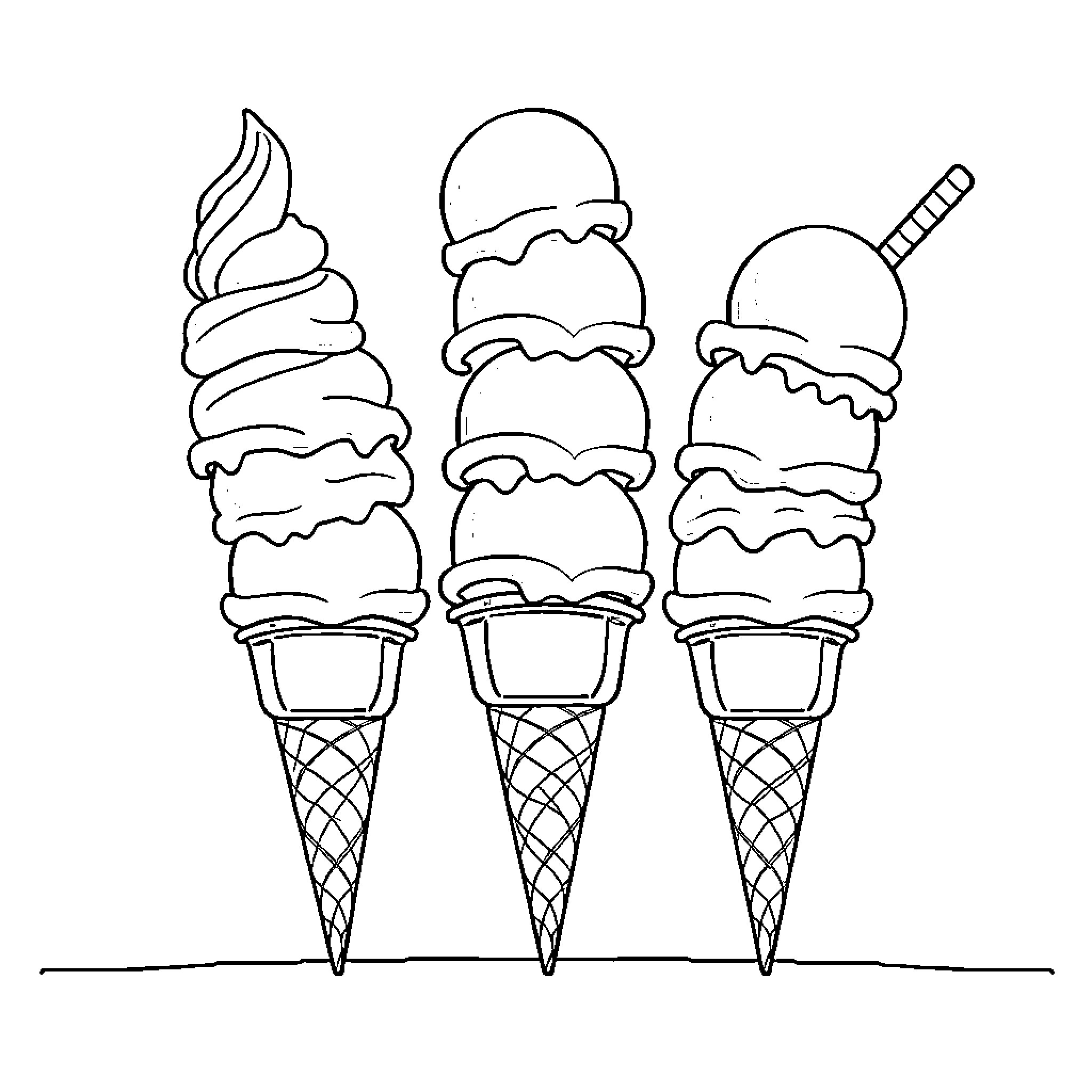 Ice Cream Cones in Various Shapes and Styles Coloring Page (free black-and-white line drawing printable PDF for all, from beginners to advanced learners, including children, teens, adults, and seniors)